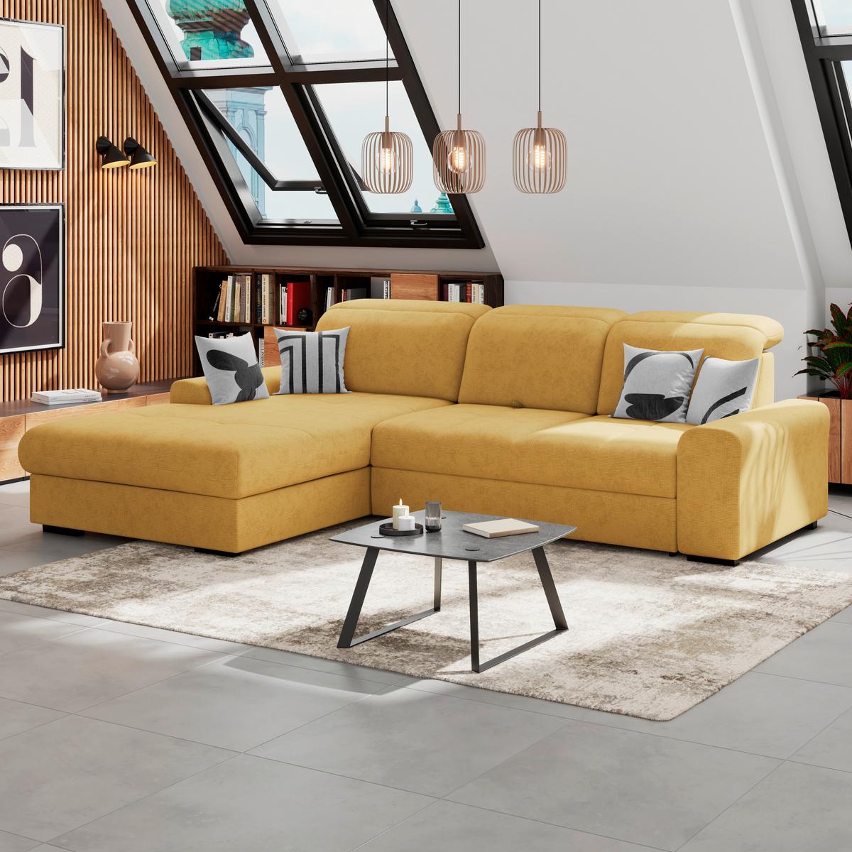 Ecksofa mit Bettfunktion Malaga new Chenille gold - Gelb/Schwarz, KONVENTIONELL, Textil (203/286cm) - Ondega