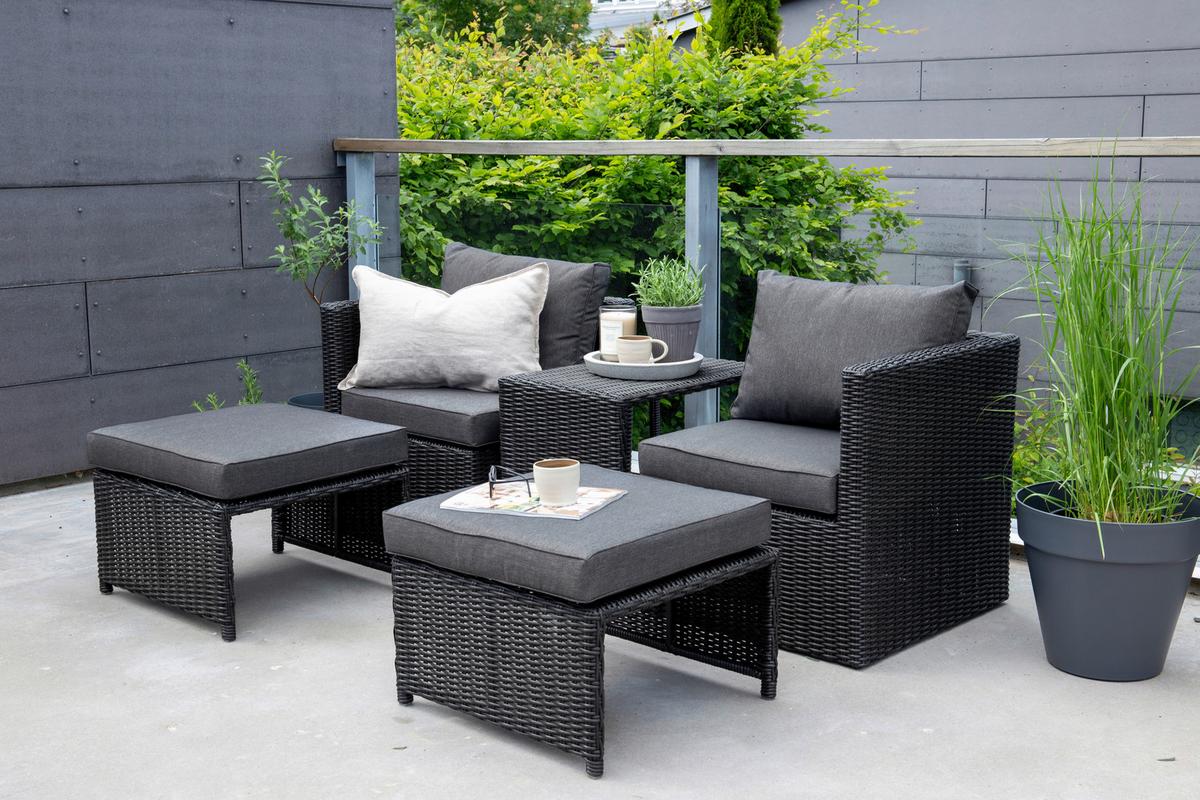 Gartenmöbel Set 5-Tlg. Quad Kunststoffgeflecht mit Kissen - Schwarz/Grau, KONVENTIONELL, Kunststoff/Metall - Gardenson