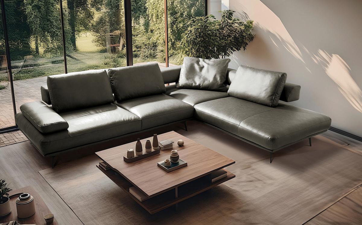 Ecksofa Como Echtleder Grau 306x237 - Schwarz/Grau, Design, Leder (306/237cm) - Livetastic