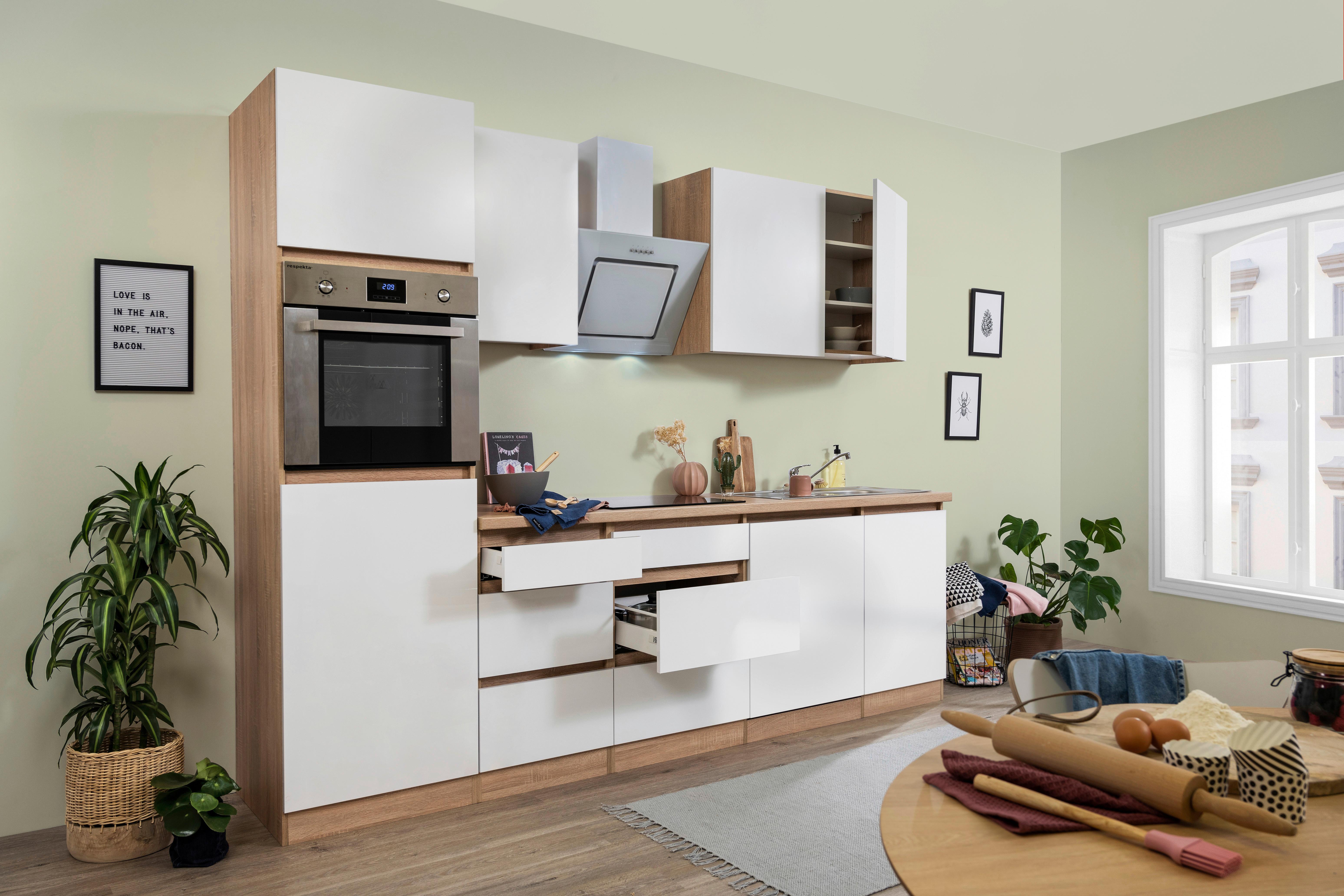 Küchenzeile Premium mit Geräten 280 cm Weiß/Eiche Dekor Modern - Eichefarben/Weiß, MODERN, Holzwerkstoff (280cm) - Respekta