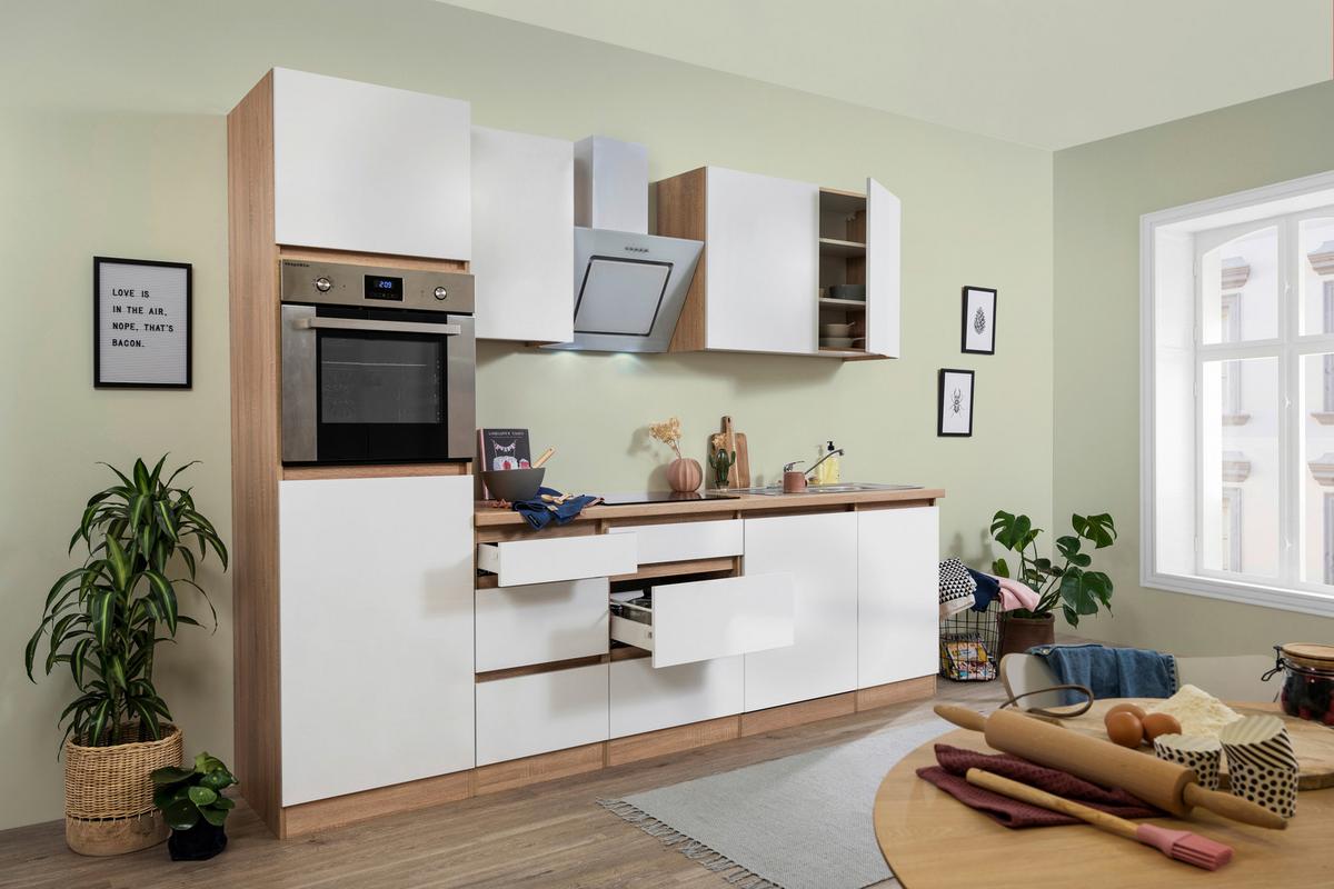 Küchenzeile Premium mit Geräten 280 cm Weiß/Eiche Dekor Modern - Eichefarben/Weiß, MODERN, Holzwerkstoff (280cm) - Respekta