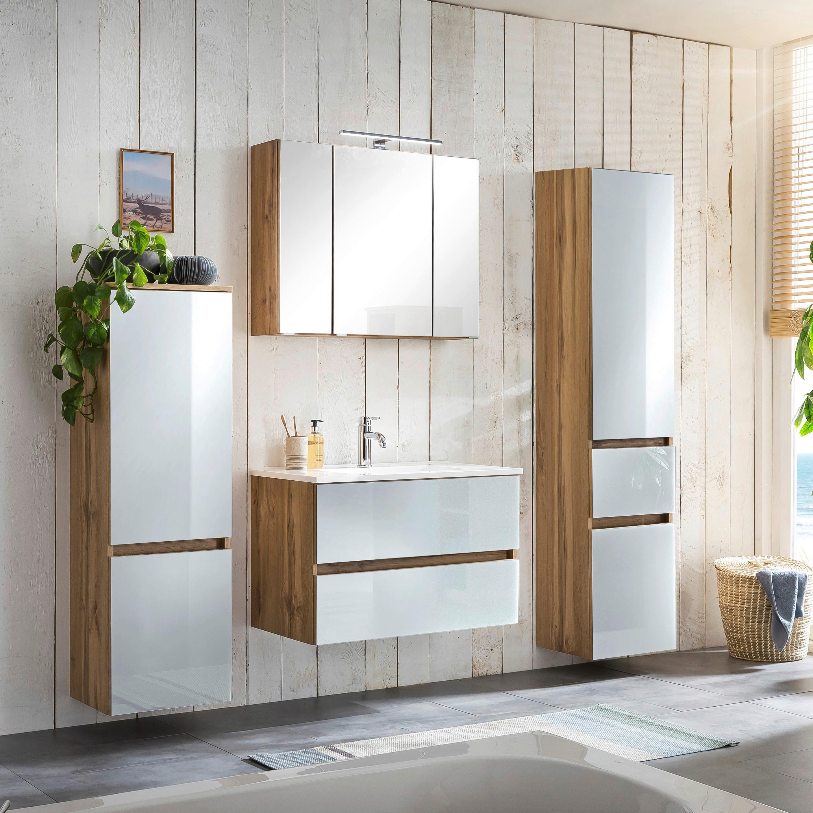 Badmöbel-Set 4-Tlg. inkl. LED Helsinki, Weiß/Eiche - Eichefarben/Weiß, KONVENTIONELL, Glas/Holzwerkstoff (160cm) - Held
