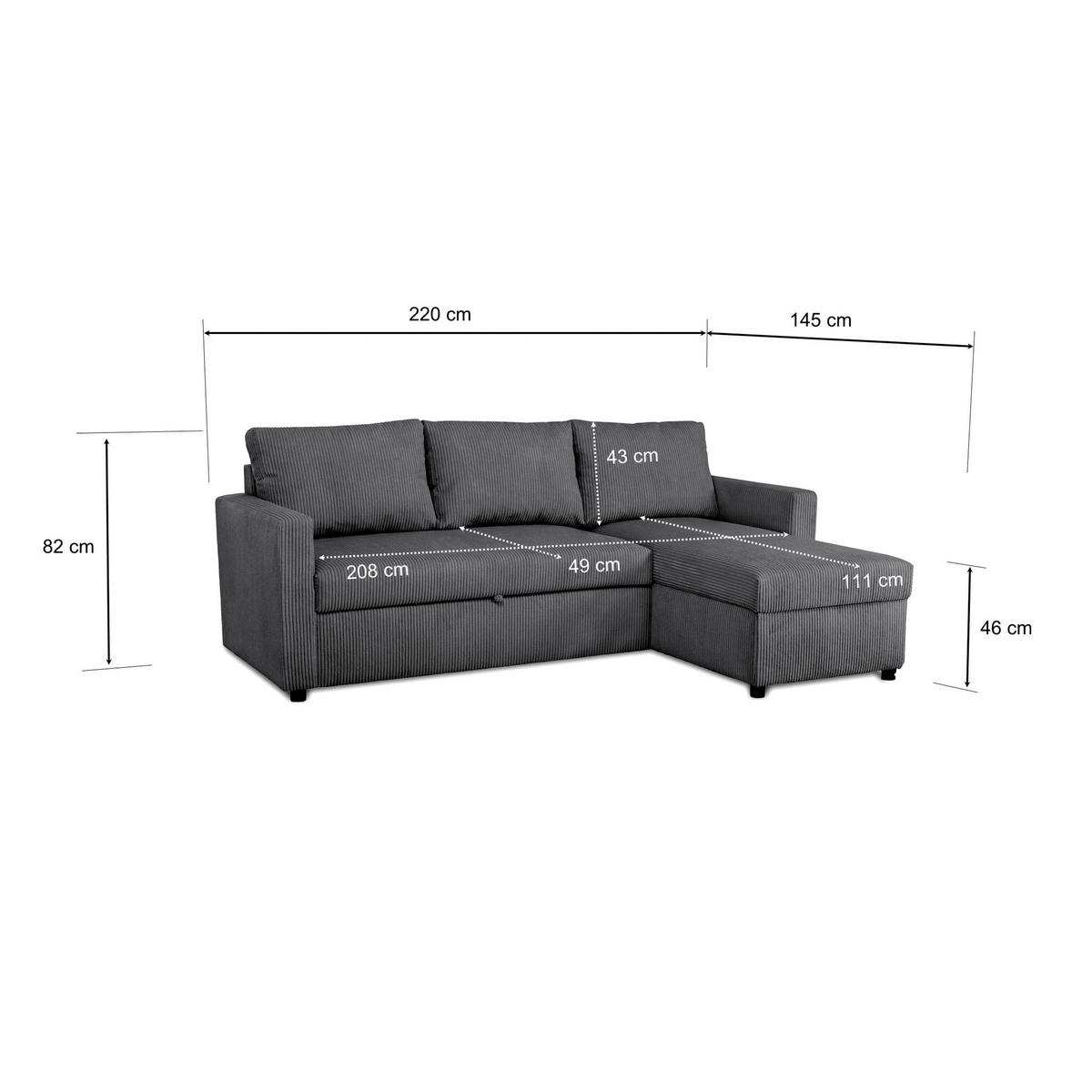 Ecksofa Mit Schlaffunktion Paris Anthrazit Cord 215x145cm - Anthrazit/Schwarz, Basics, Holz/Holzwerkstoff (215/145cm)