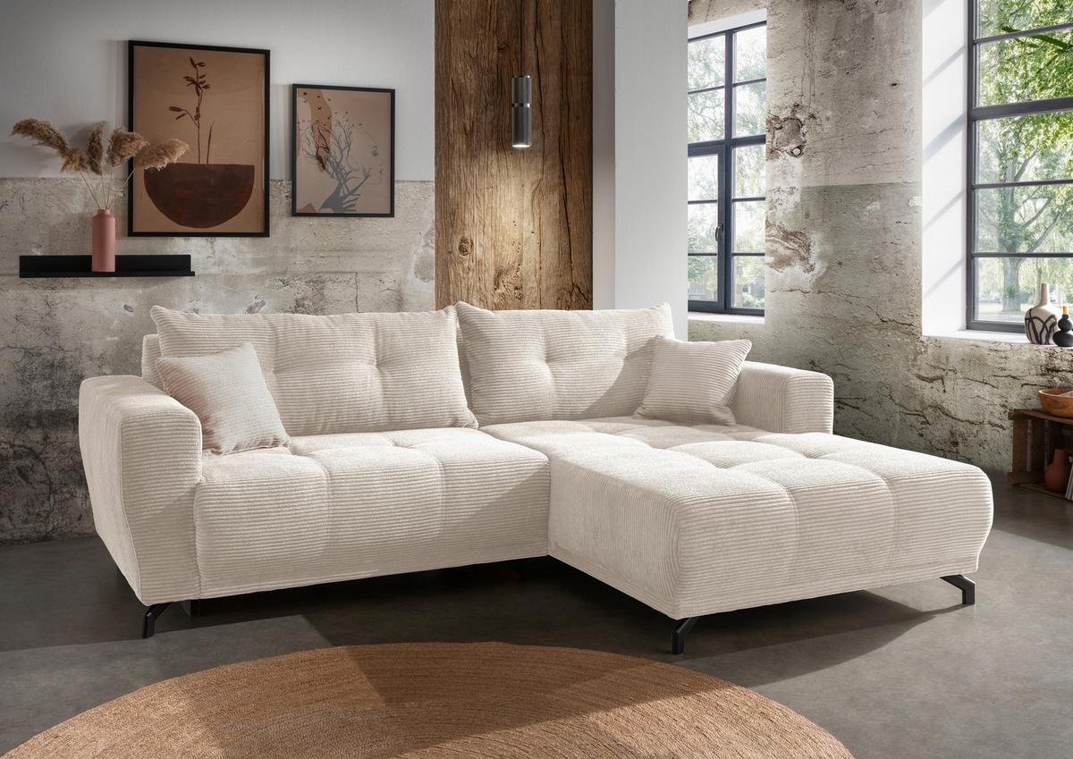 Ecksofa mit Liegefunktion Restato Beige Cord - Beige/Schwarz, MODERN, Holz/Textil (246/177cm) - MID.YOU