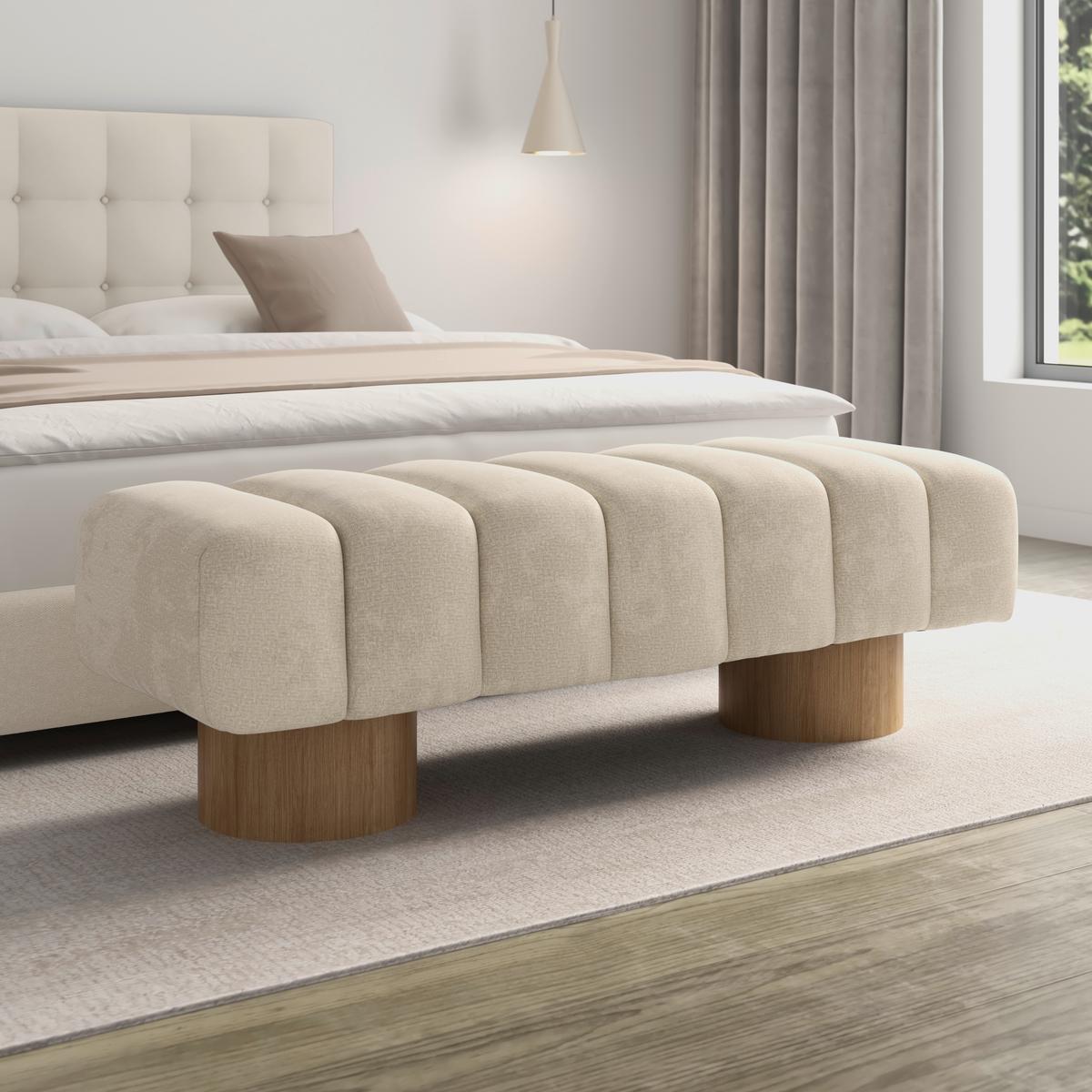 Sedací lavice ALINA, krémová žinylka - krémová/přírodní barvy, Moderní, dřevo/kompozitní dřevo (140/45/45cm) - Bessagi Home