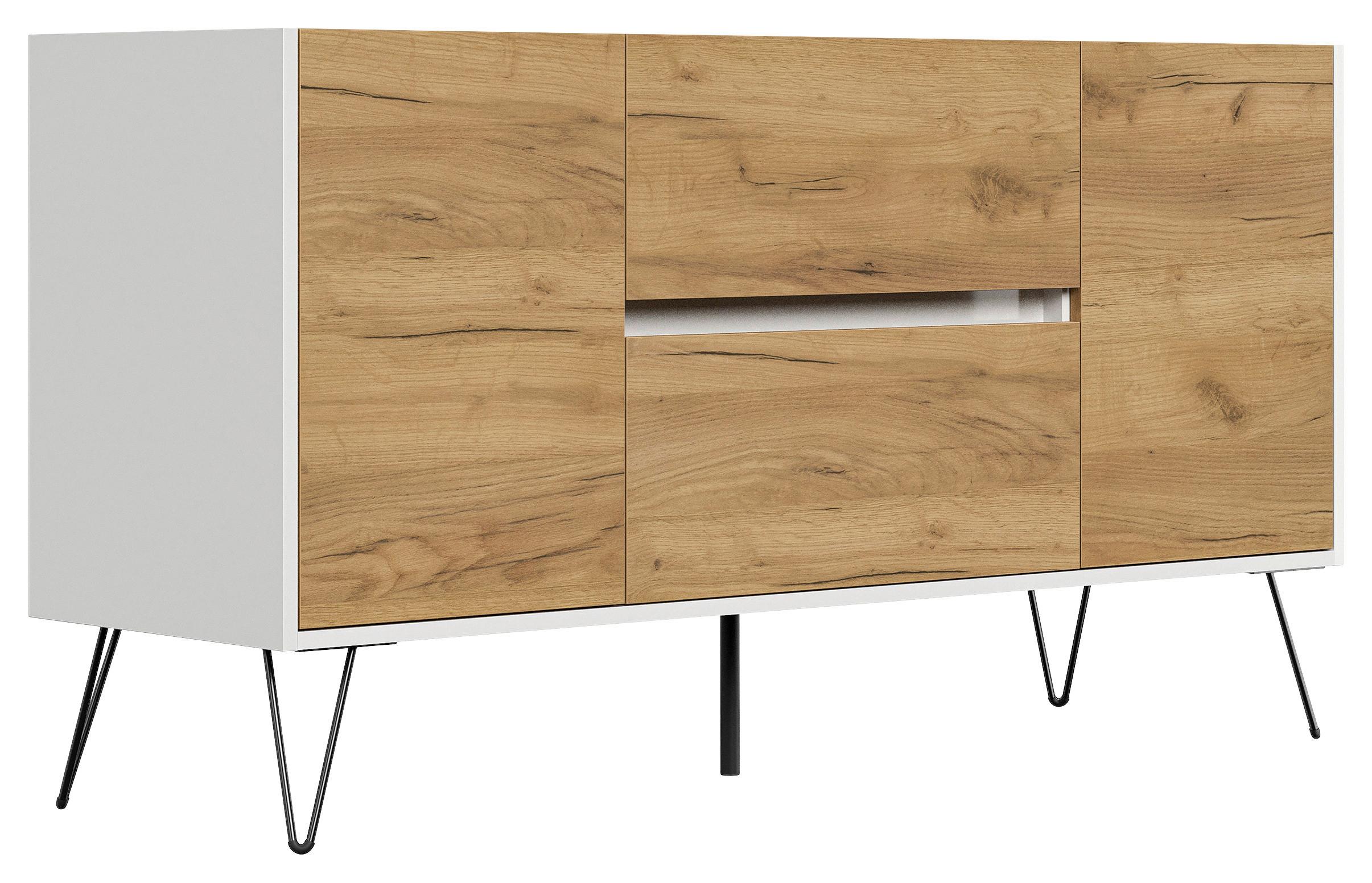 Sideboard Posseik Industrial Weiß/Eichefarben B: 139 cm - Eichefarben/Weiß Hochglanz, Design, Holzwerkstoff (139/75,8/42cm) - MID.YOU