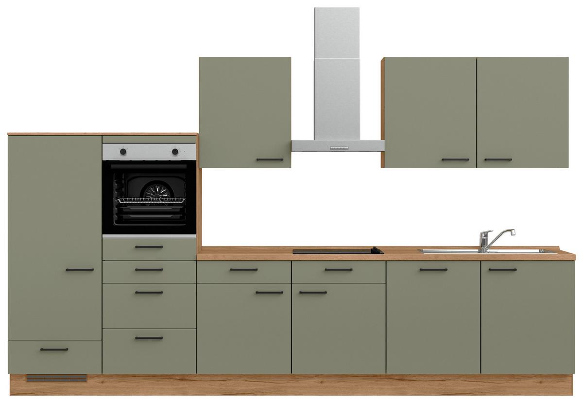Kuchyňská linka 360 cm, olivově zelená - barvy dubu/černá, Moderní, kov/kompozitní dřevo (360cm) - Nobilia