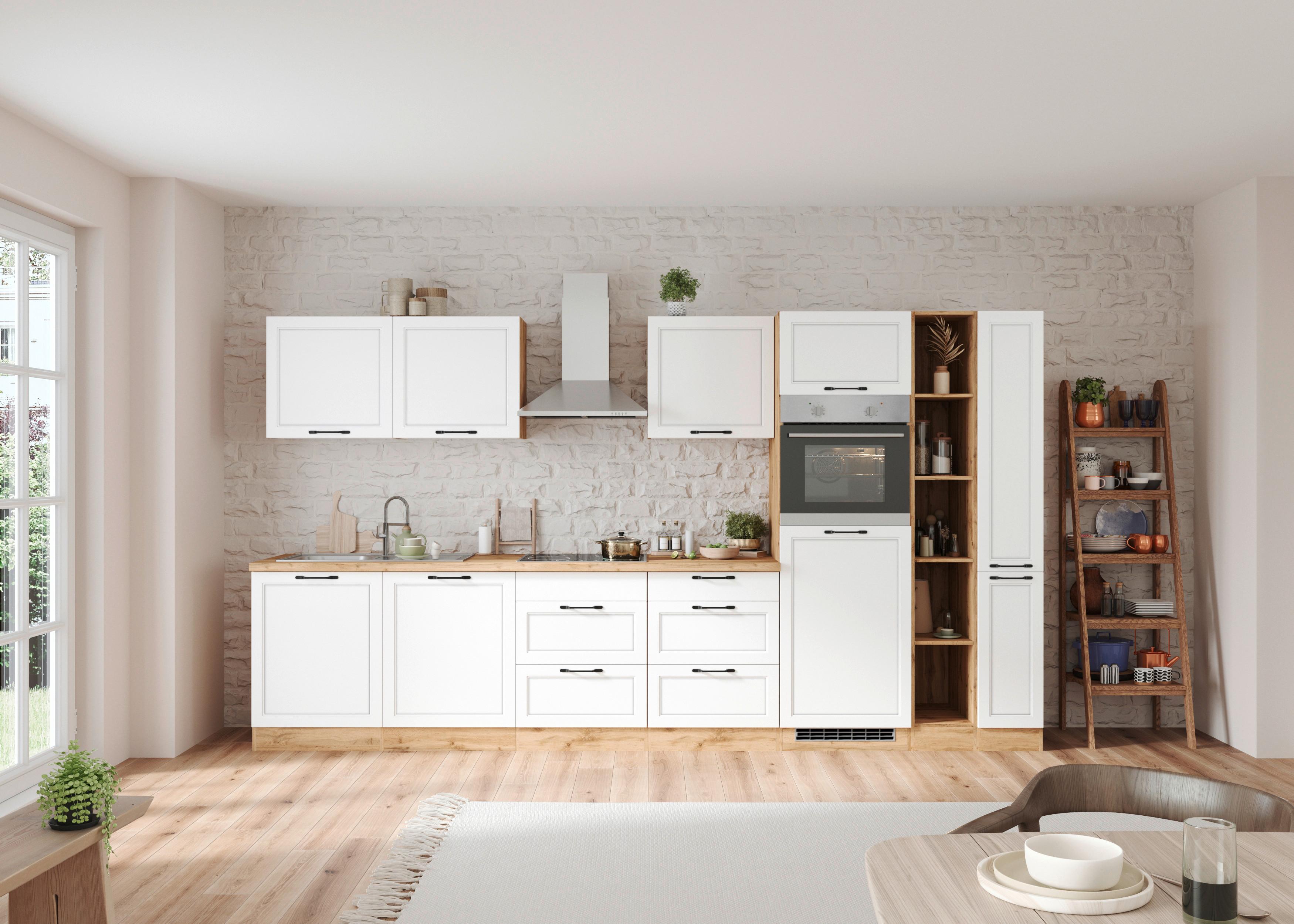 Küchenzeile Meran Mit Geräten B: 360 Cm Weiß/eiche Dekor - Eiche Wotan/Weiß, LIFESTYLE, Holzwerkstoff (360cm) - Held