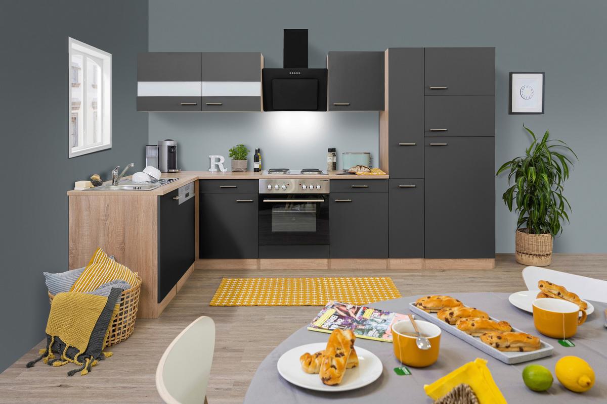 Eckküche Economy mit Geräten 172x310 cm Eiche/Grau Matt - Eichefarben/Grau, Basics, Glas/Holzwerkstoff (172/310cm) - Respekta