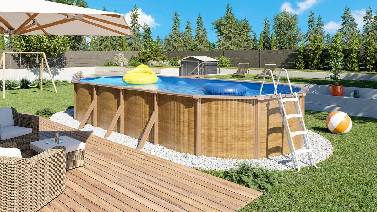 Pool Set Steely De Luxe Wood 3-teilig, Laufruhige Pumpe - Hellbraun/Hellblau, Basics, Metall (760/390/120cm)