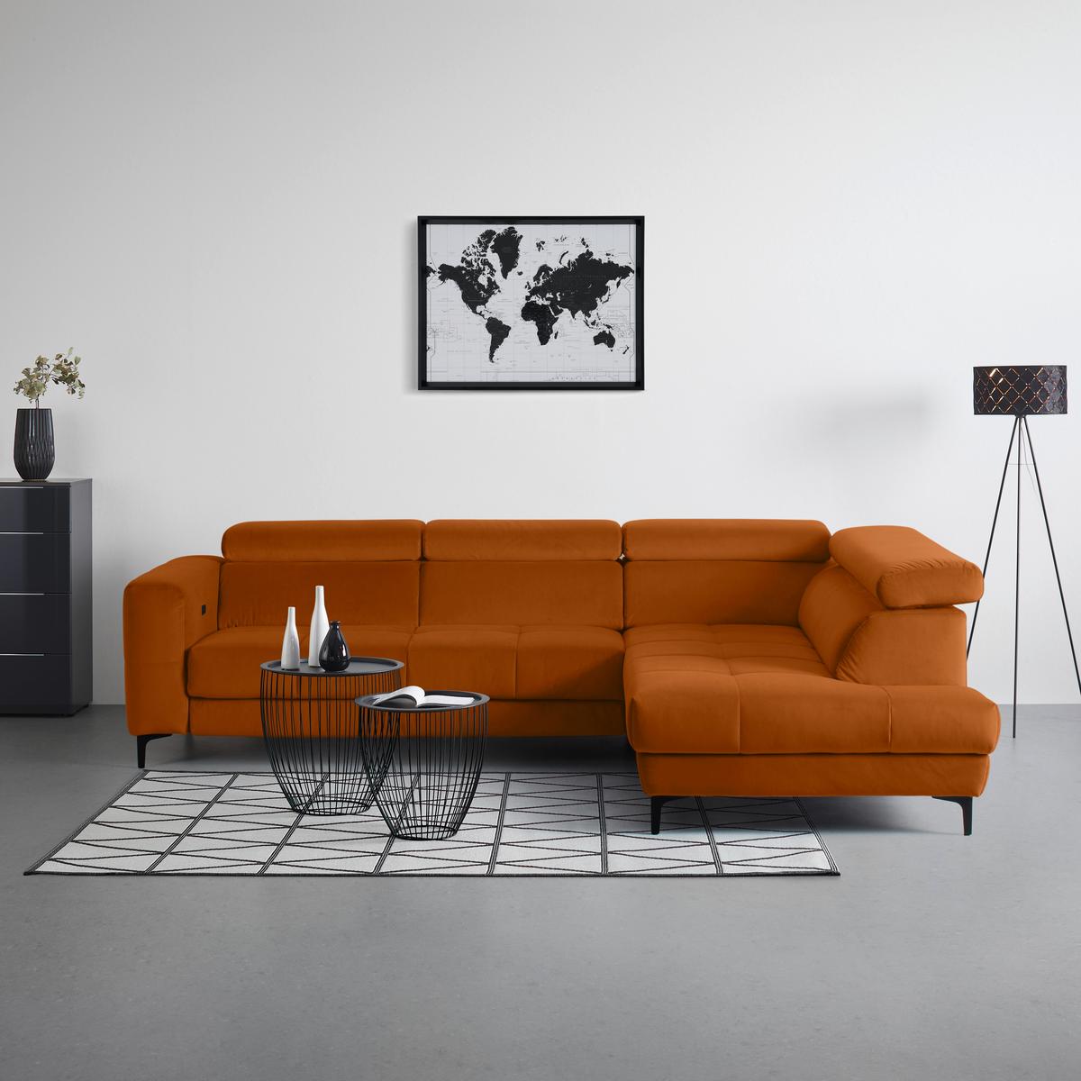 Rohová sedačka EMMA, pravá, oranžová,op.hl.,USB,el.výsuv - oranžová/černá, Moderní, textil (301/210cm) - Premium Living