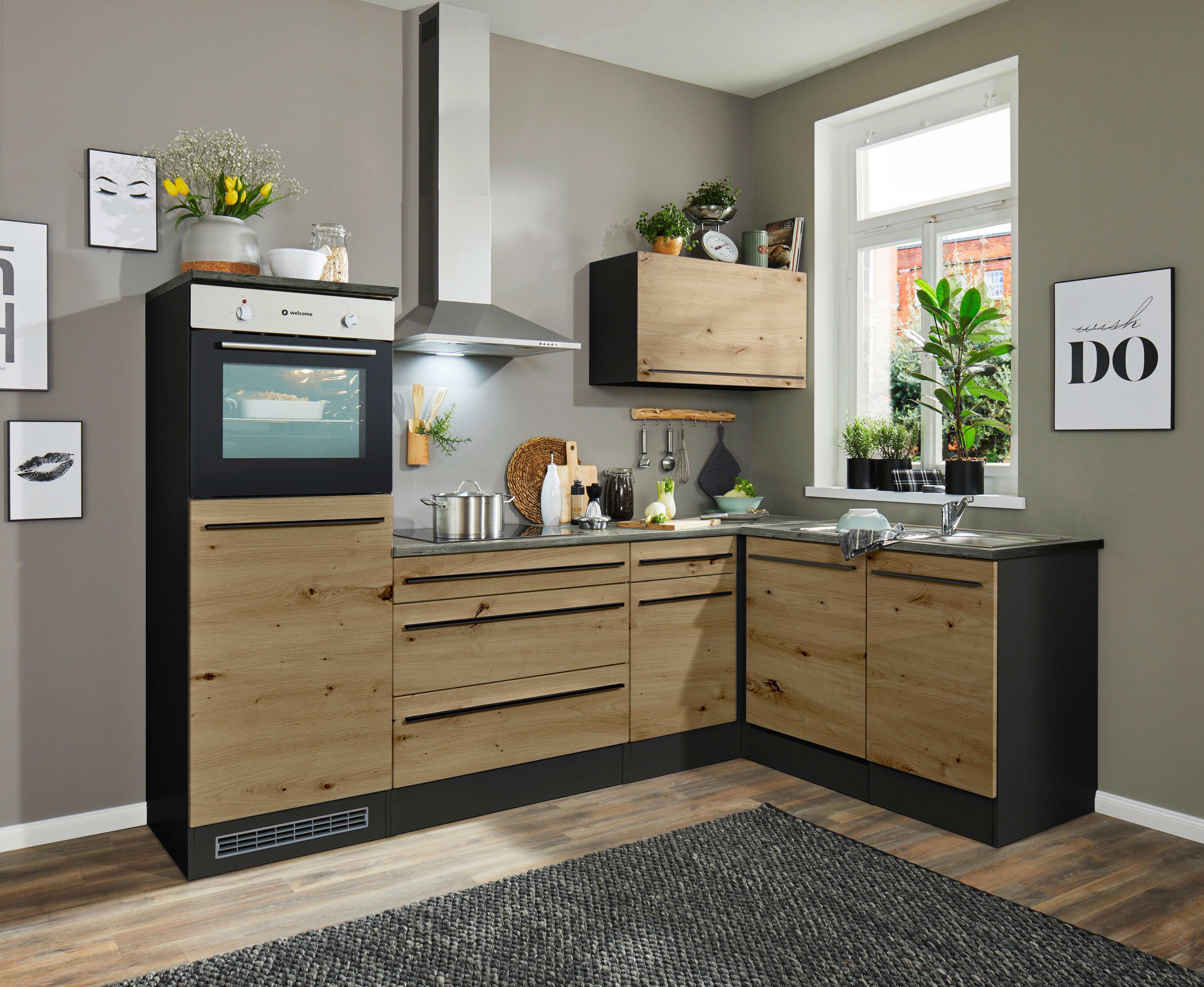 Eckküche Jazz 6 mit Geräten 260x175 Anthrazit/Eiche Dekor