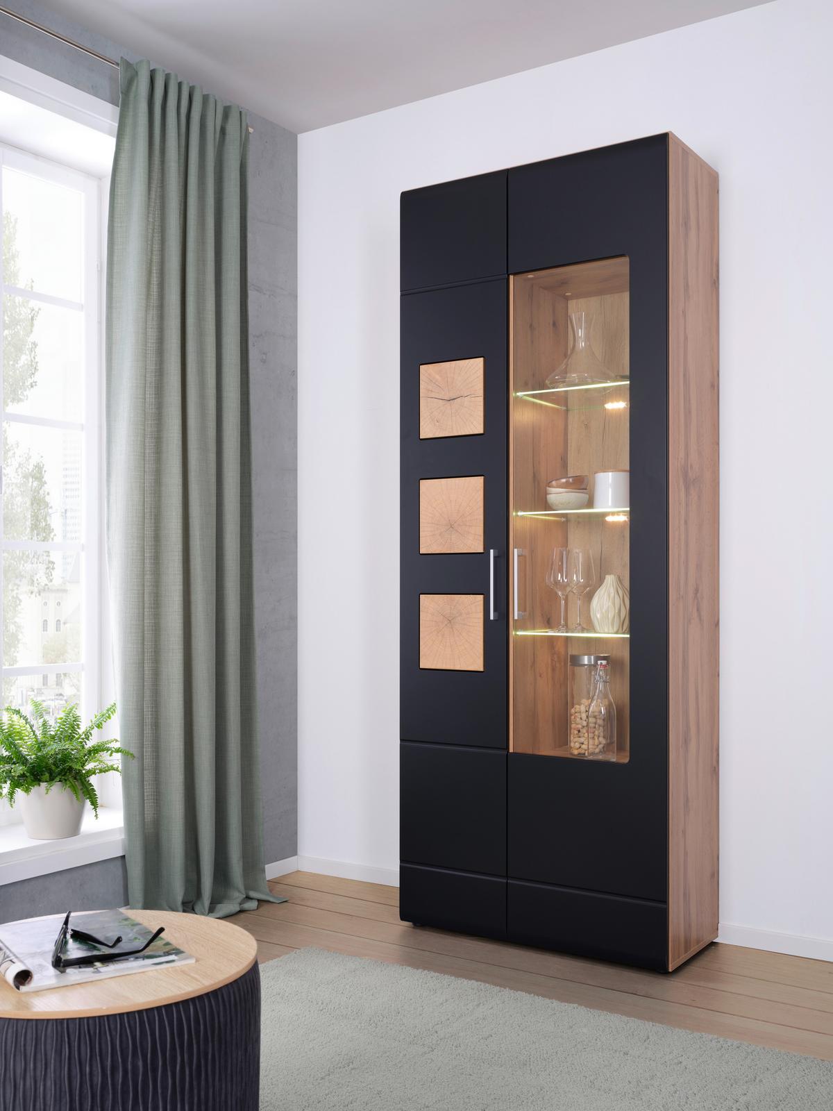 VITRÍNA SONATE - černá/barvy dubu, Konvenční, kov/kompozitní dřevo (80/208/37cm) - Mömax