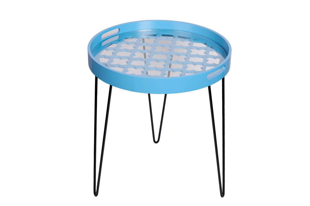 Beistelltisch Rund River Blau/schwarz - Blau/Schwarz, Basics, Glas/Holzwerkstoff (50/50/40cm) - Kayoom