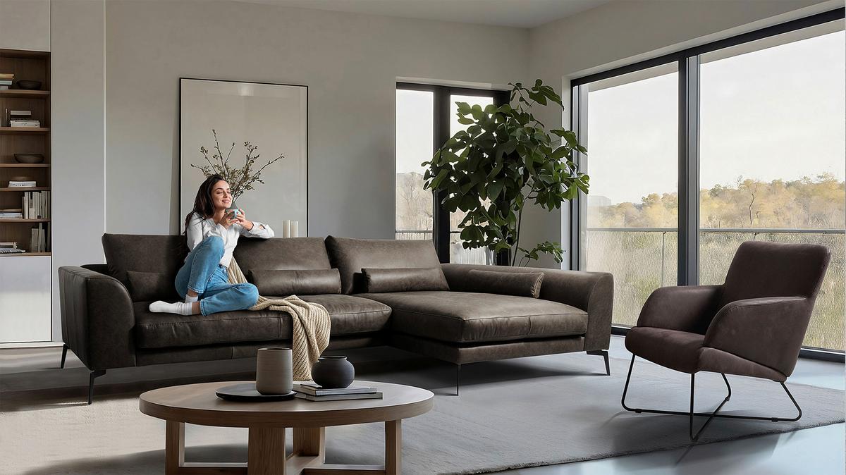 Ecksofa Berlin Fango S: 313 cm - Fango/Schwarz, Design, Leder (313/172cm) - Livetastic