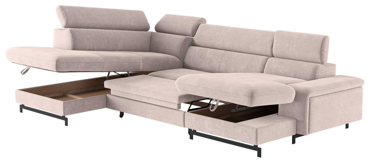 Wohnlandschaft mit Bettkasten Emma Creme - Creme/Schwarz, Textil (215/328/165cm) - MID.YOU