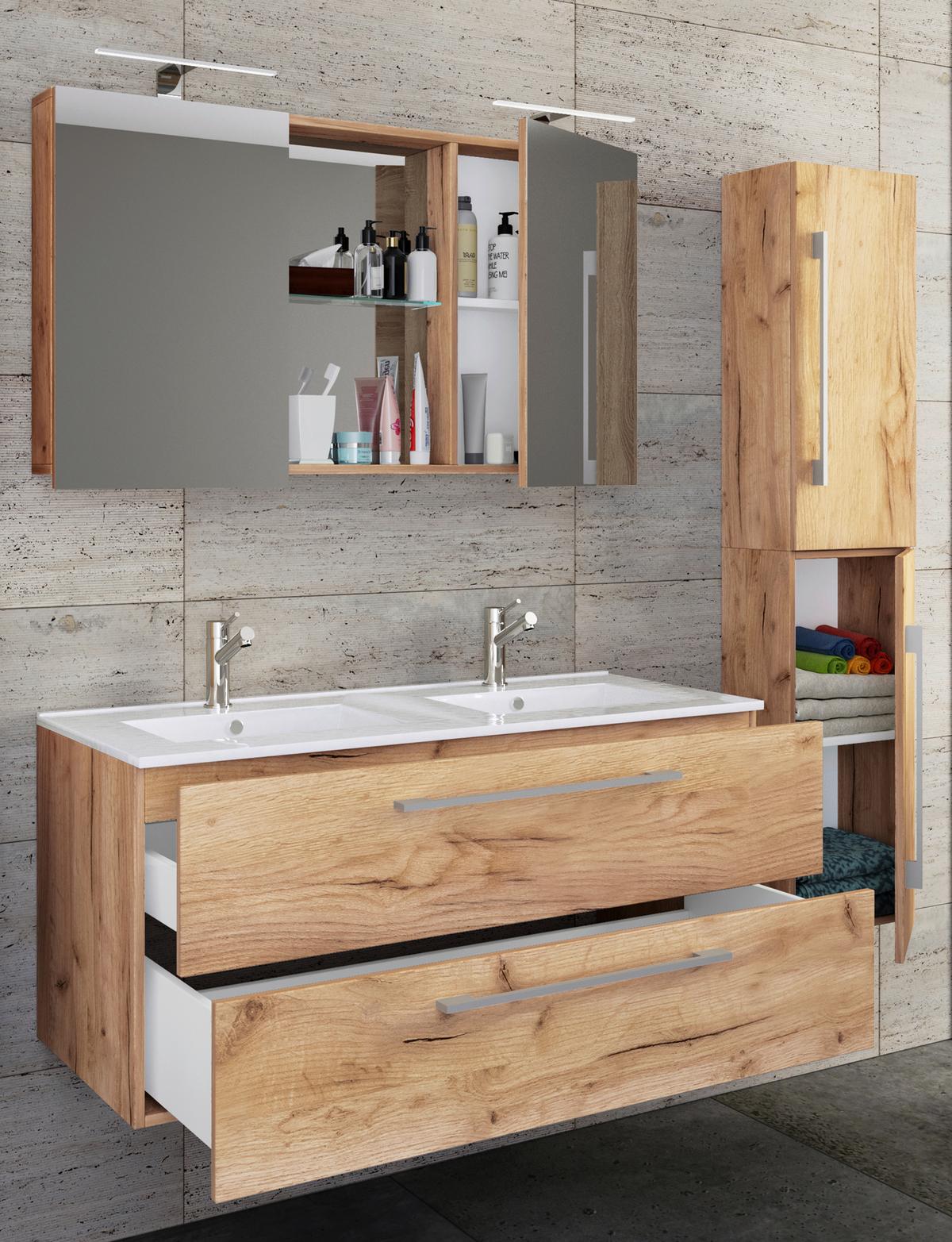 Badezimmer Budasi Honigeiche B: 111 cm - Honigeiche/Weiß, MODERN, Keramik/Holzwerkstoff (145cm) - MID.YOU