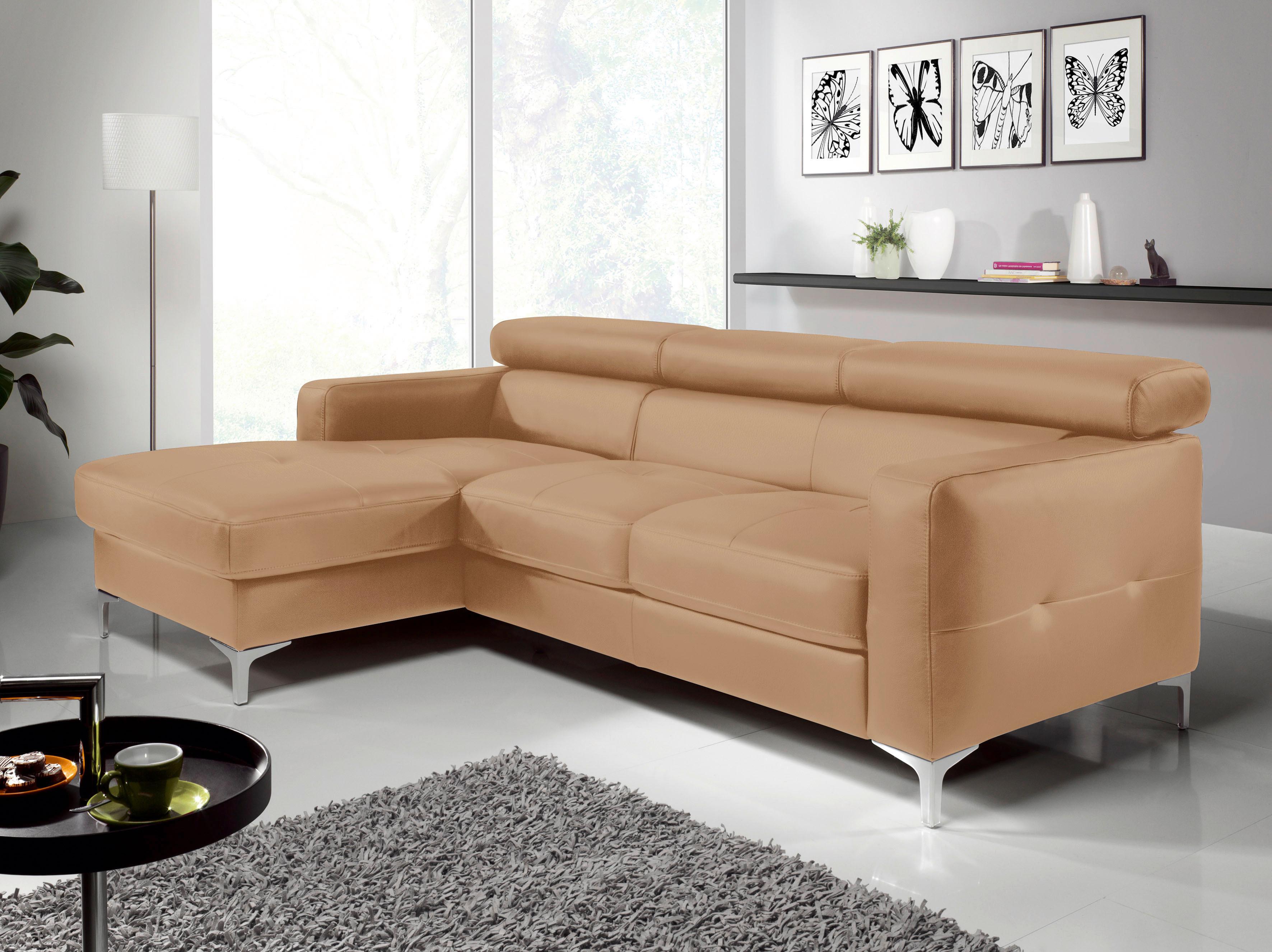 Ecksofa Sammy Cappuccino Leder - Chromfarben/Cappuccino, Design, Leder (169/226cm) - Livetastic