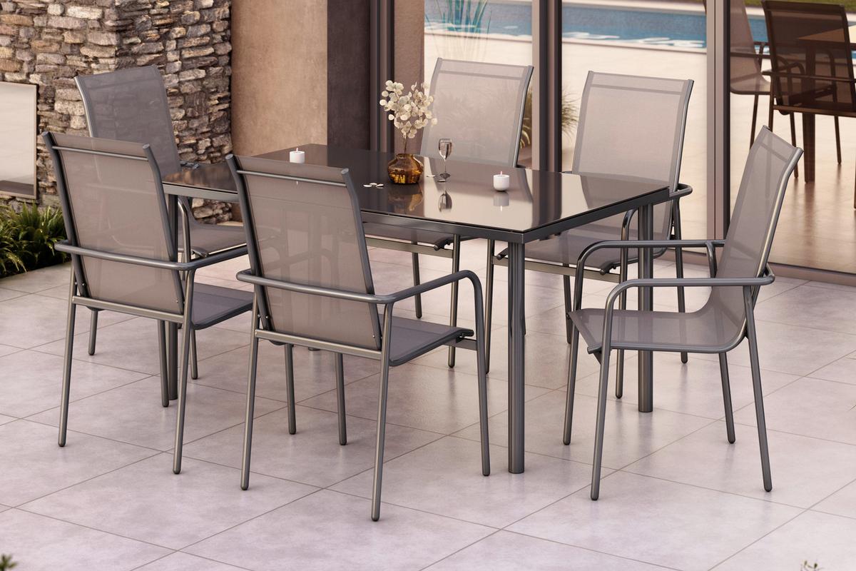 Gartengarnitur 7-tlg. Torino Aus Metall/glas/textil - Grau, MODERN, Glas/Textil (150/74/90cm) - Beldano