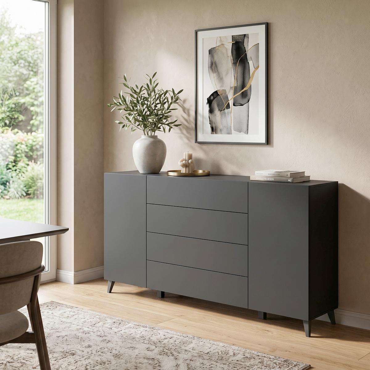 Sideboard Phuket schwarz B: 180cm - Schwarz, Design, Holzwerkstoff (180/95,4/39cm) - P & B