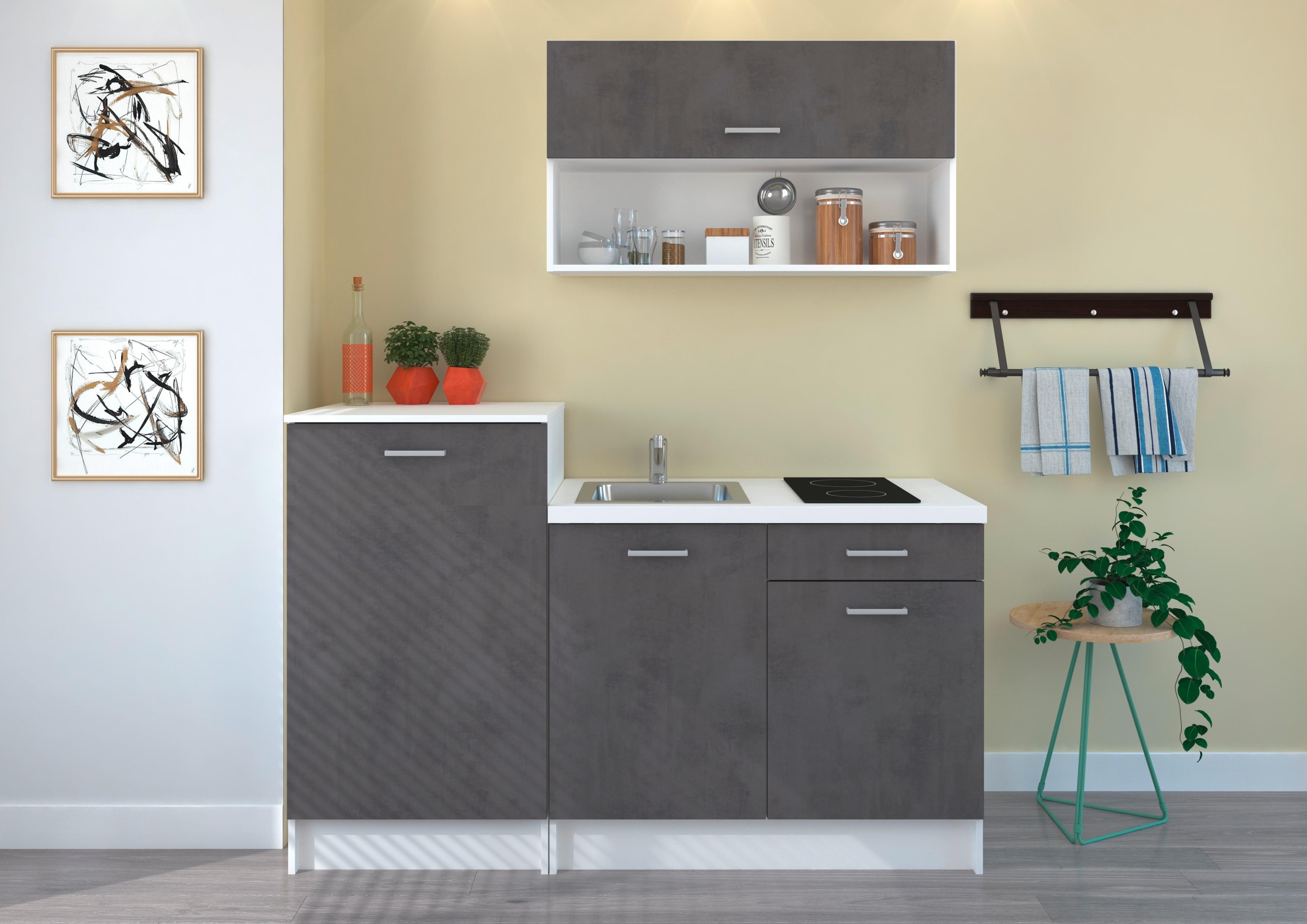 Miniküche Smart ohne Geräte B: 160 cm Betonoptik/Weiß - Weiß/Grau, Design, Holzwerkstoff (160cm) - P & B