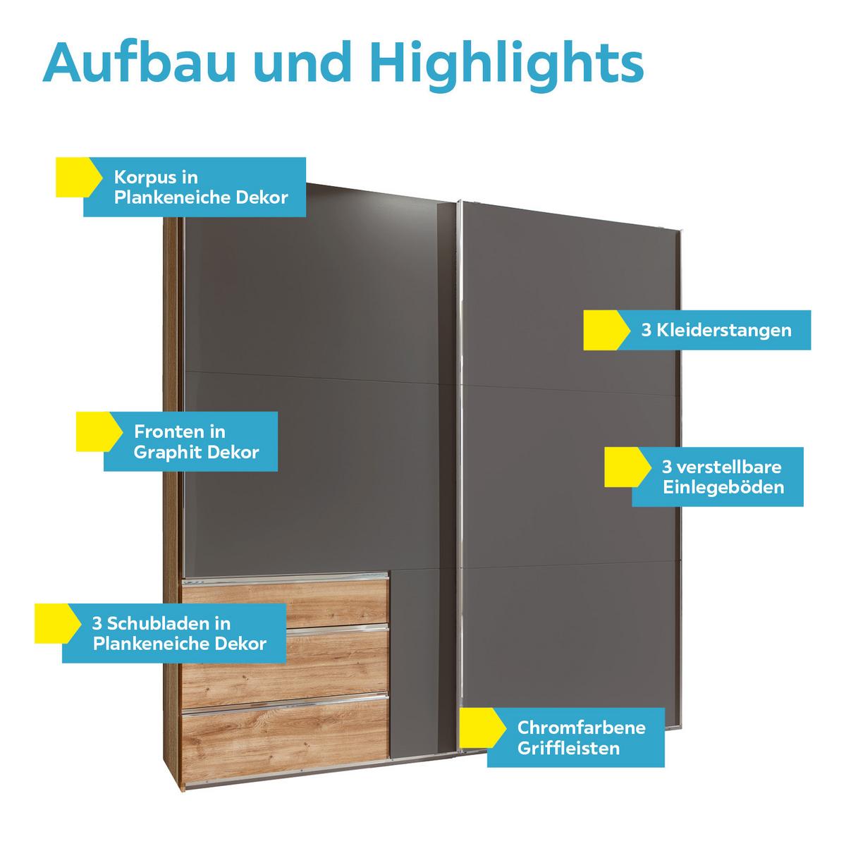 Schwebetürenschrank Mit Laden 250cm Level 36a, Graphit/eiche - Eichefarben/Graphitfarben, MODERN, Holzwerkstoff (250/216/65cm) - MID.YOU