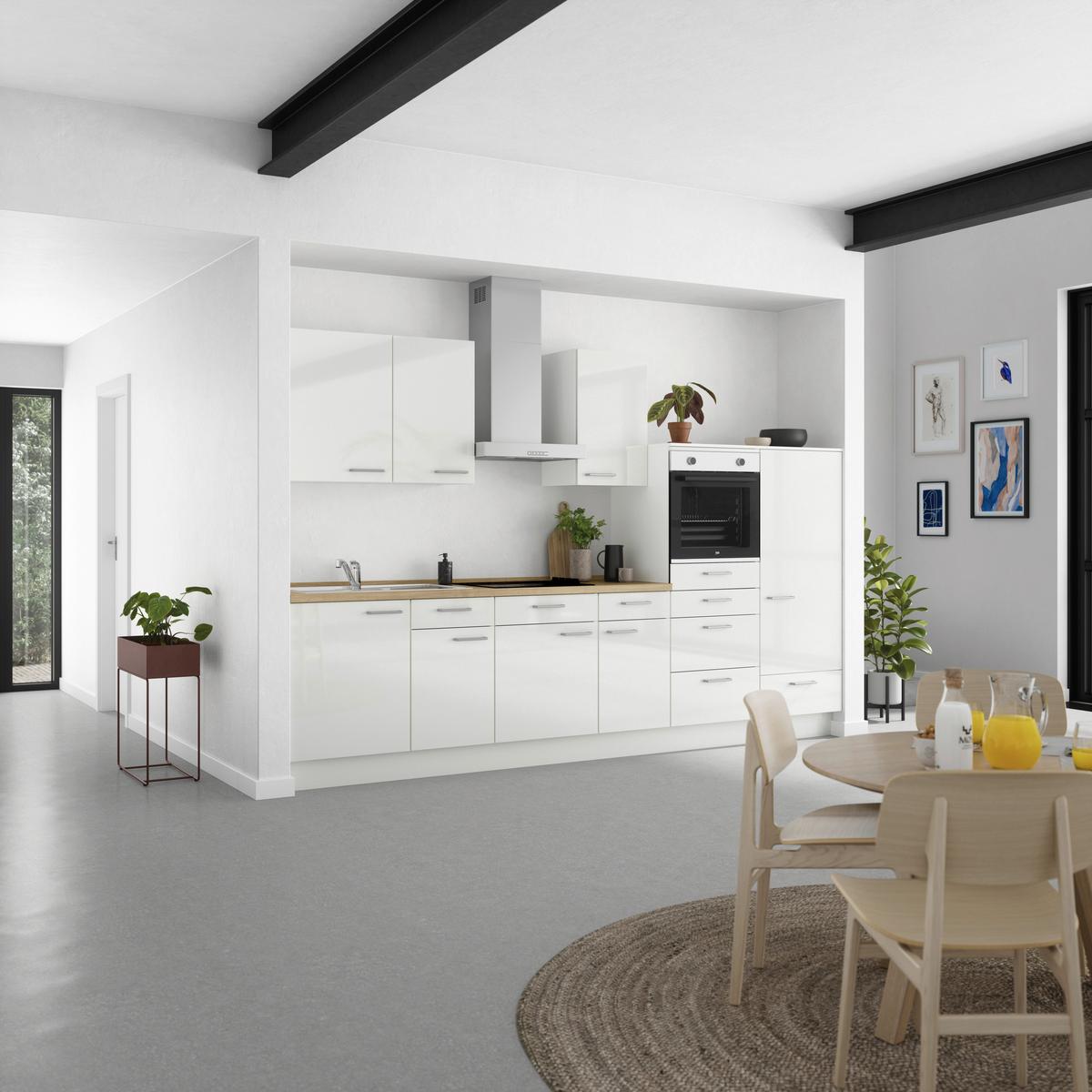 Kuchyňská linka 330 cm, alpská bílá vysoký lesk - barvy dubu/vysoce lesklá bílá, Moderní, kov/kompozitní dřevo (330cm) - Nobilia