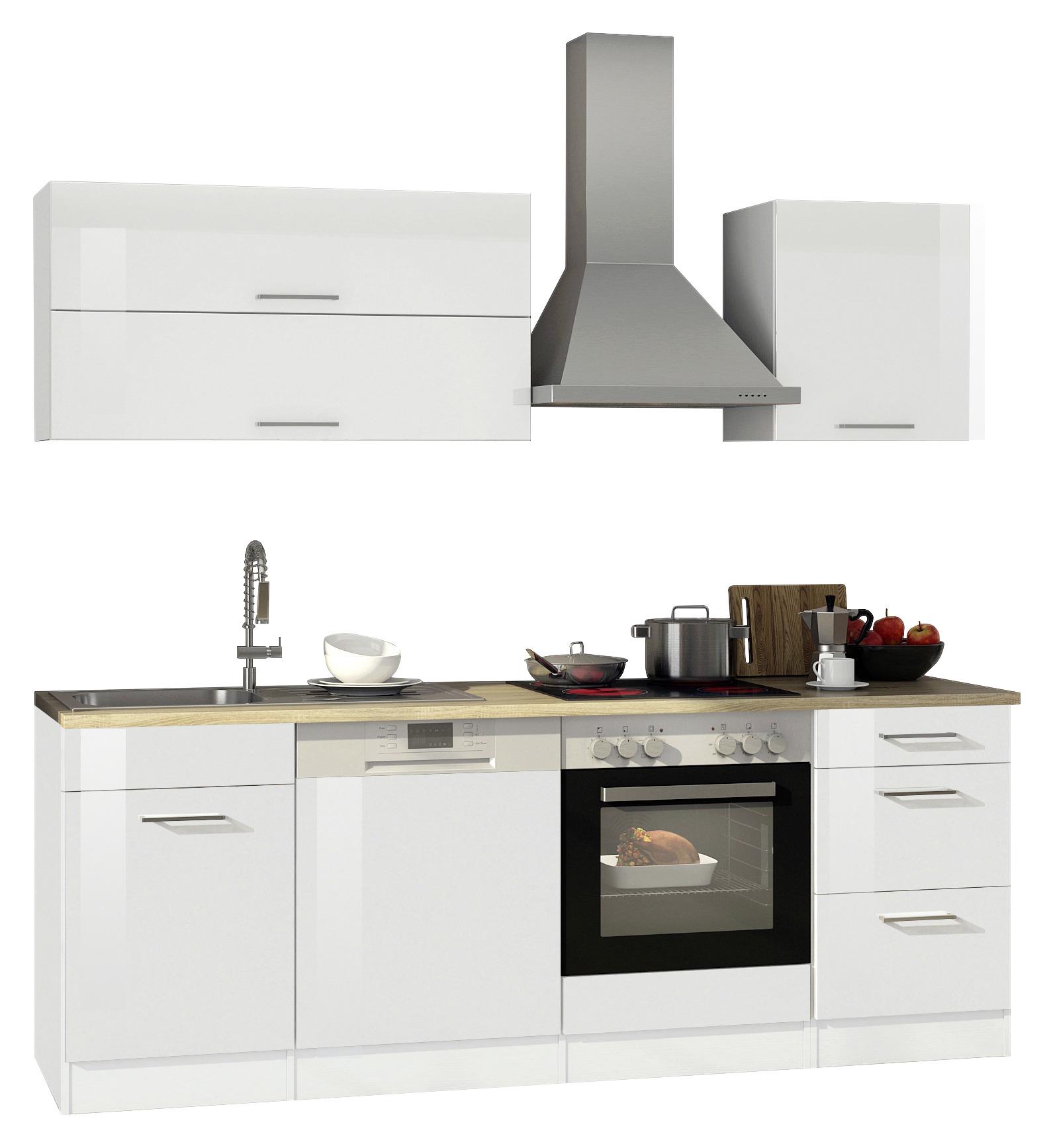 Küchenzeile Mailand mit Geräten 220 cm Weiß Elegant - Weiß Hochglanz/Eichefarben, MODERN, Holzwerkstoff (220cm) - Held