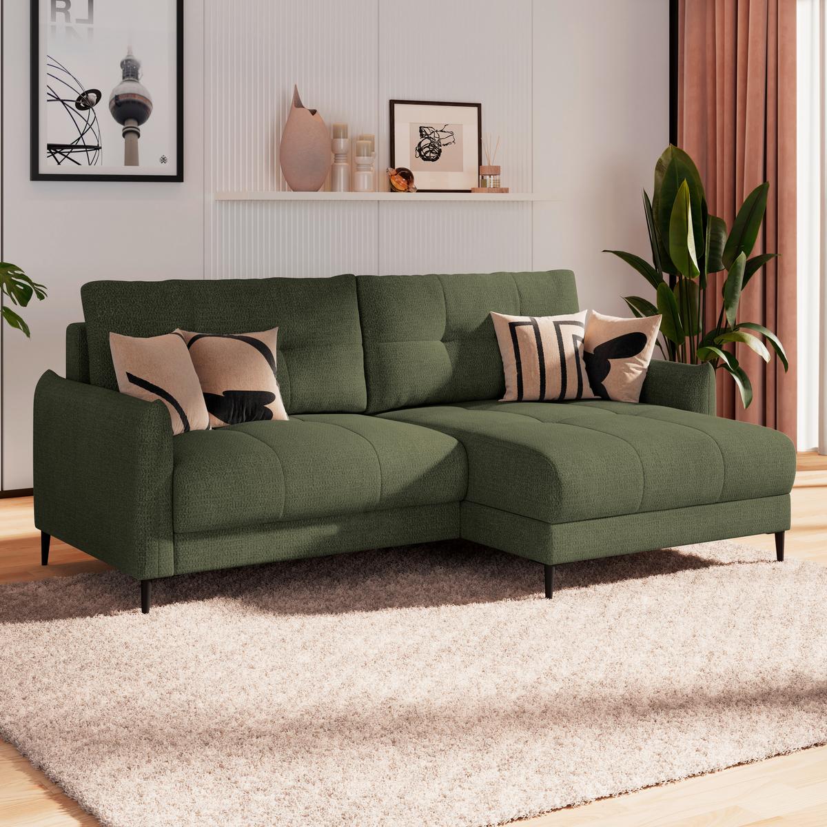 Ecksofa Polis Webstoff dunkelgrün, 221x142cm - Dunkelgrün/Schwarz, Trend, Textil (221/142cm) - Ondega