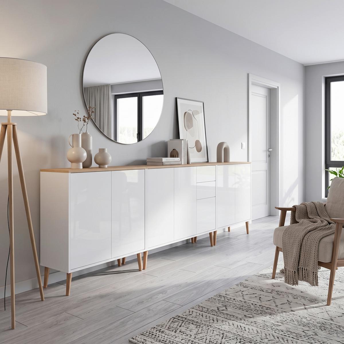 SIDEBOARD Mailand6 B: 263,5cm Weiß/Eiche - Weiß Hochglanz/Weiß, MODERN, Holzwerkstoff (263,5/86/33cm) - MID.YOU