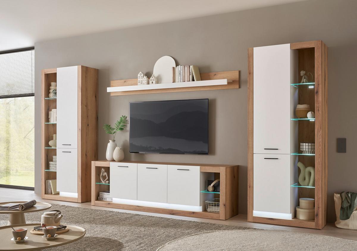 Wohnwand Brixen Weiß/Eichefarben B: 398cm - Eichefarben/Weiß, Design, Glas/Holzwerkstoff (398/195/43cm) - MID.YOU