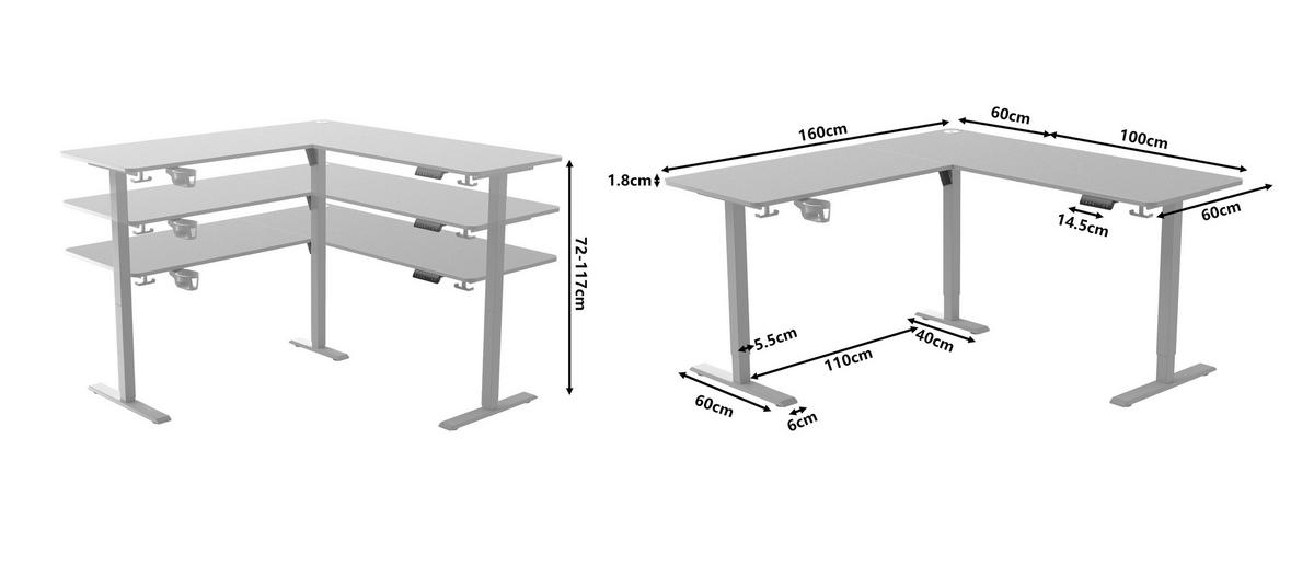 Eckschreibtisch Nimi Schwarz/Eiche L: 160cm - Plankeneiche/Schwarz, MODERN, Holzwerkstoff/Kunststoff (160/160/72-117cm) - Livetastic