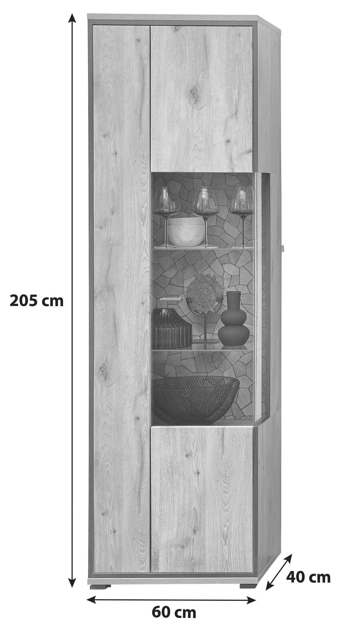 Vitrine Ruben - Eichefarben/Schwarz, KONVENTIONELL, Glas/Holzwerkstoff (60/205/40cm) - Livetastic