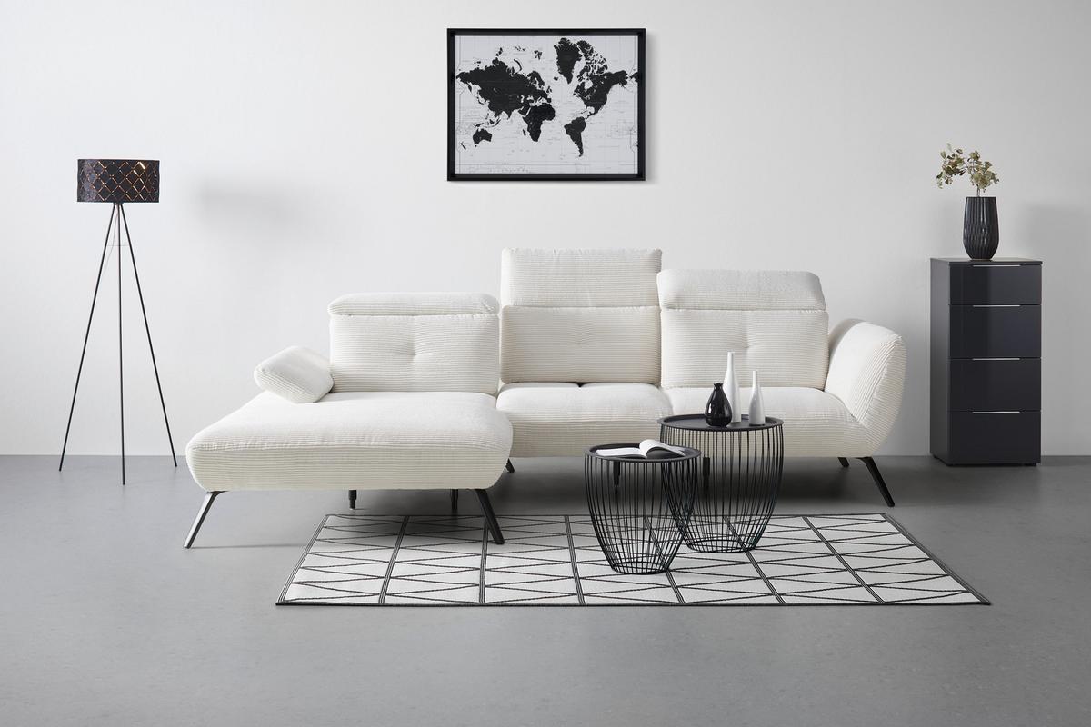 Rohová sedačka SEATTLE, levá, bílý manšestr, bez polštářů - bílá/černá, Moderní, kov/kompozitní dřevo (196/301cm) - Premium Living