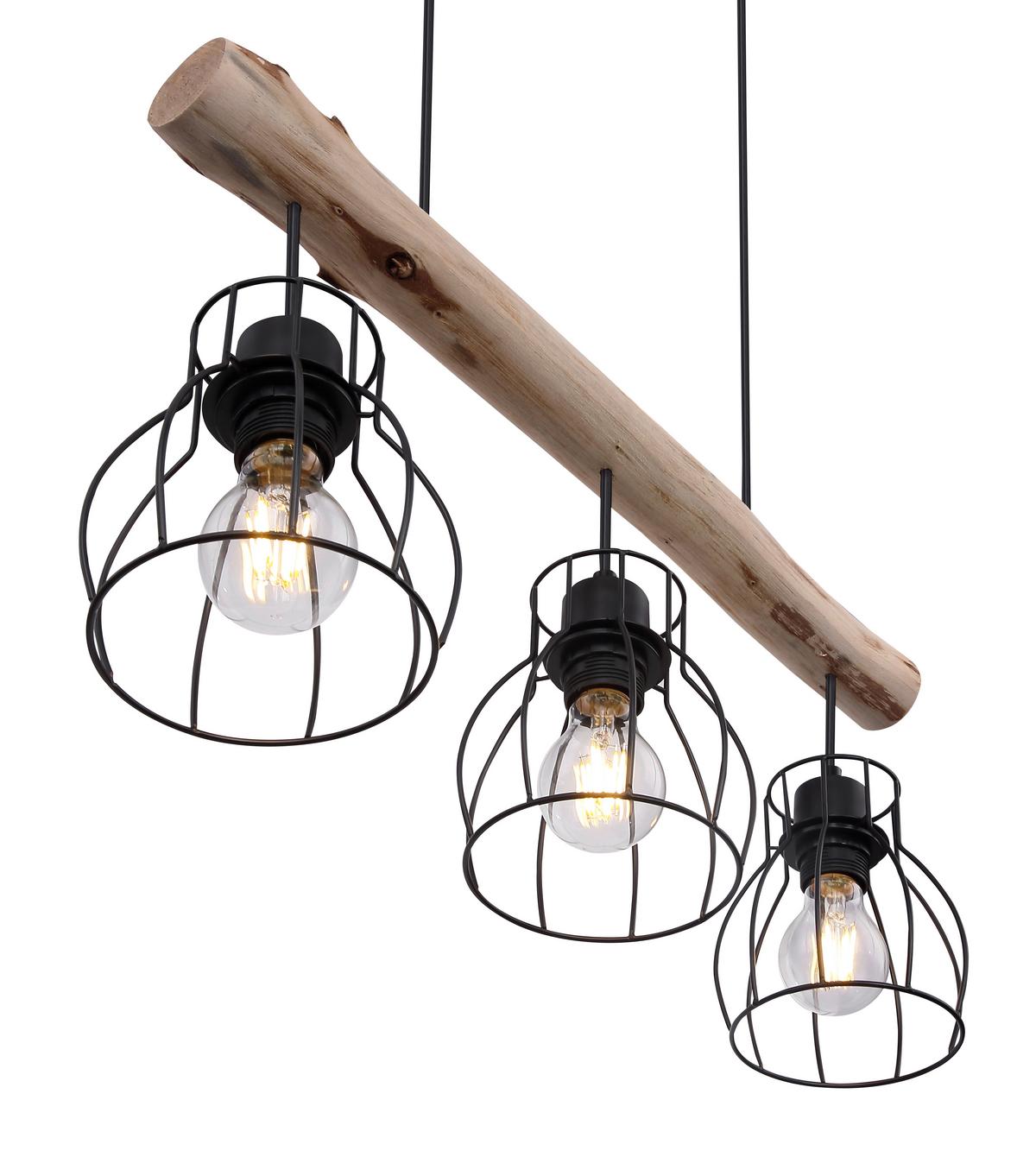 Hängeleuchte H: 140 cm 3-Flammig - Schwarz/Naturfarben, Natur, Holz/Metall (60/13,6/140cm) - Globo