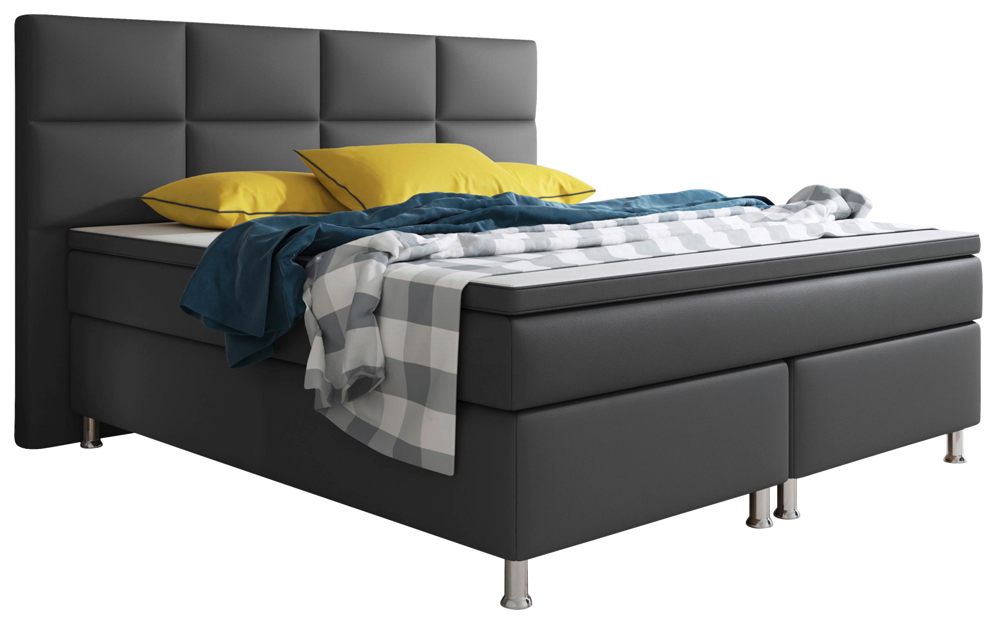 Boxspringbett Mit Topper / Matratzen 180x200 Cm Miami-Bk - Anthrazit/Silberfarben, KONVENTIONELL, Leder/Textil (200/125/210cm) - MID.YOU