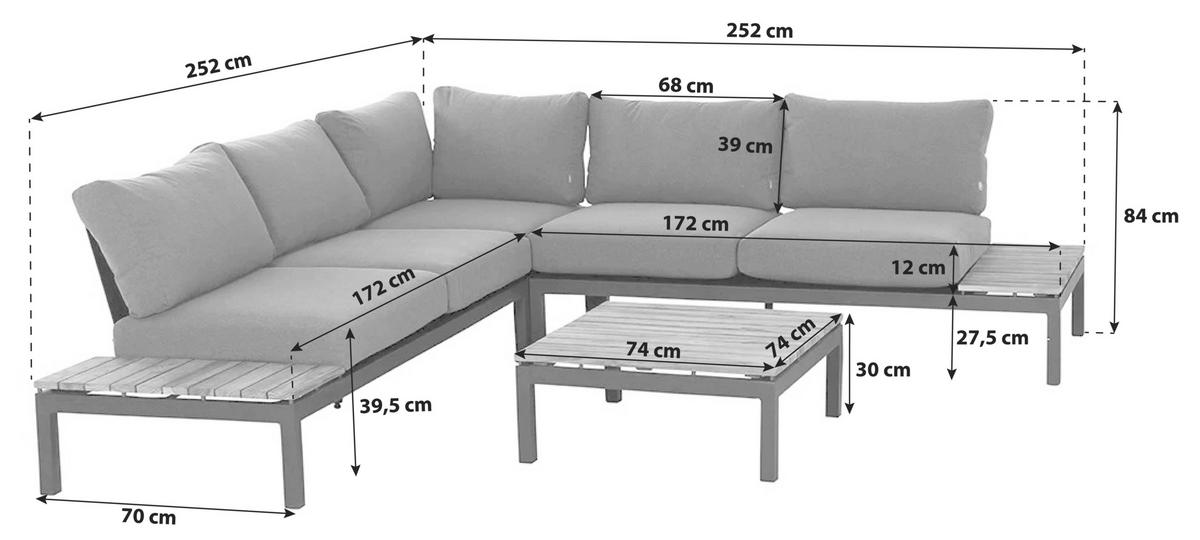 Loungegarnitur 3-tlg Teakholz/metall Mit Kissen - Anthrazit/Grau, KONVENTIONELL, Holz/Kunststoff (252/84/252cm) - Siena Garden