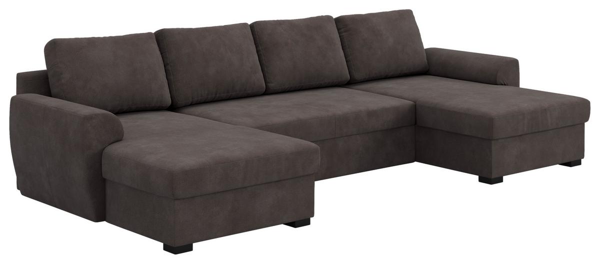 Wohnlandschaft m. Bettfunktion Mikrofaser braun, B: 327cm - Schwarz/Braun, Trend, Textil (154/327/86cm) - MID.YOU