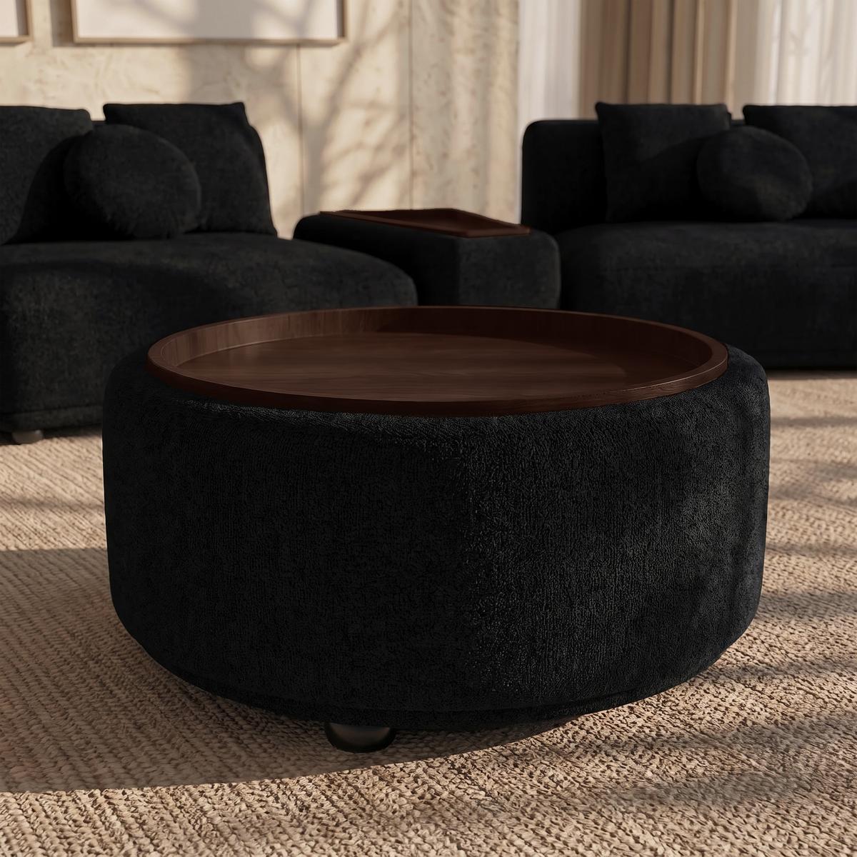 Konferenční stolek KIRA, ženilka černá/ ořech P:86cm - černá, Moderní, dřevo/textil (86/86/43cm) - Bessagi Home