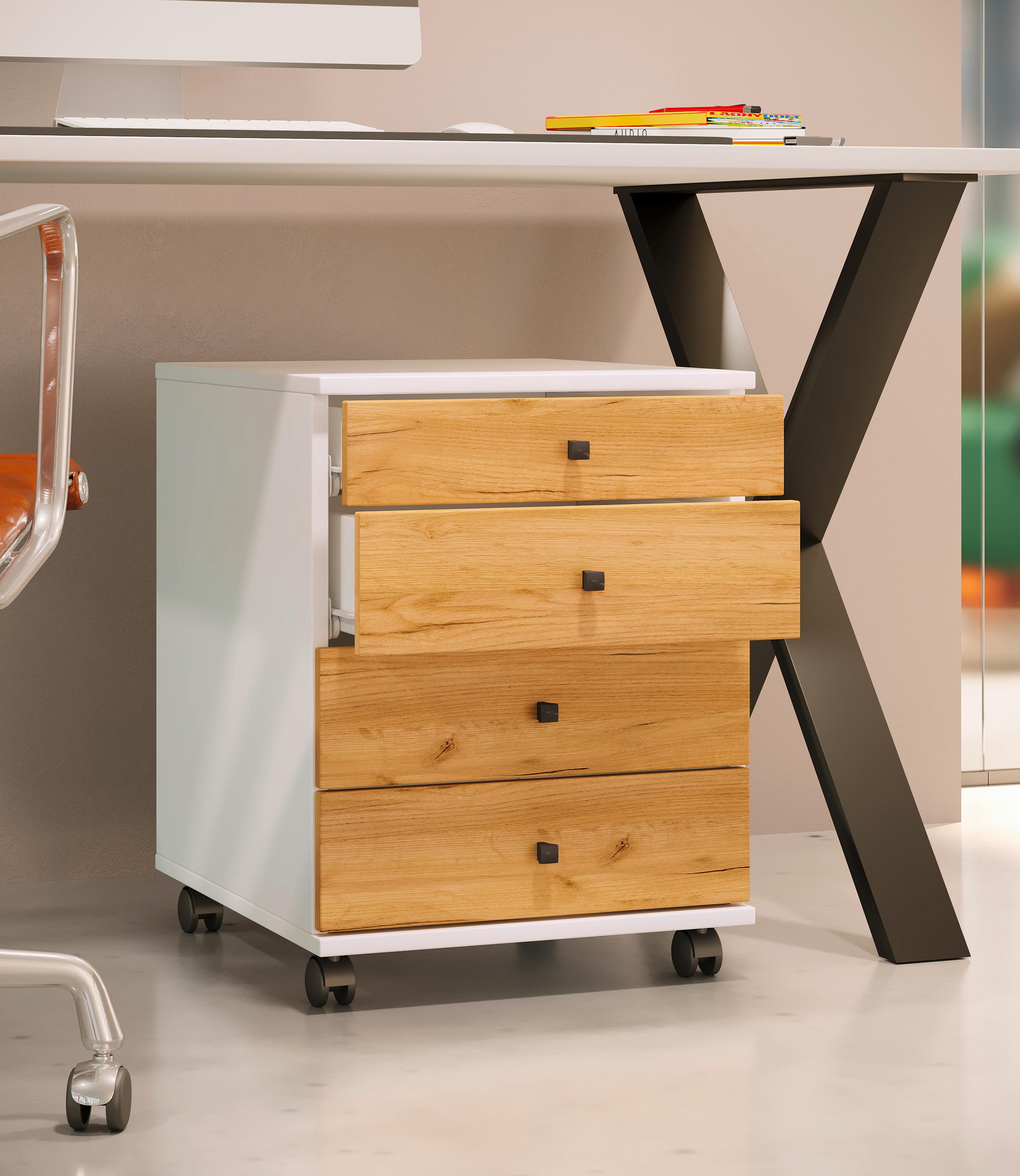 Rollcontainer Lona Weiß Honigeiche Dekor - Honigeiche/Schwarz, Design, Holzwerkstoff/Kunststoff (42/57/50cm) - MID.YOU