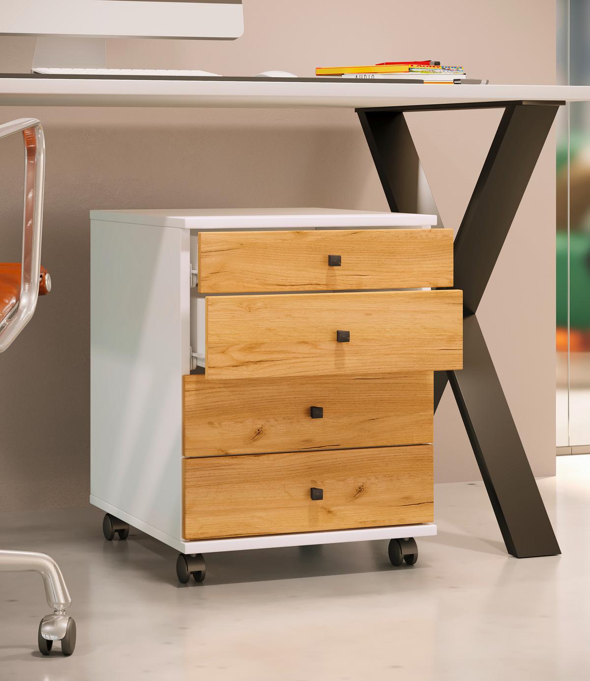 Rollcontainer Lona Weiß Honigeiche Dekor - Honigeiche/Schwarz, Design, Holzwerkstoff/Kunststoff (42/57/50cm) - MID.YOU
