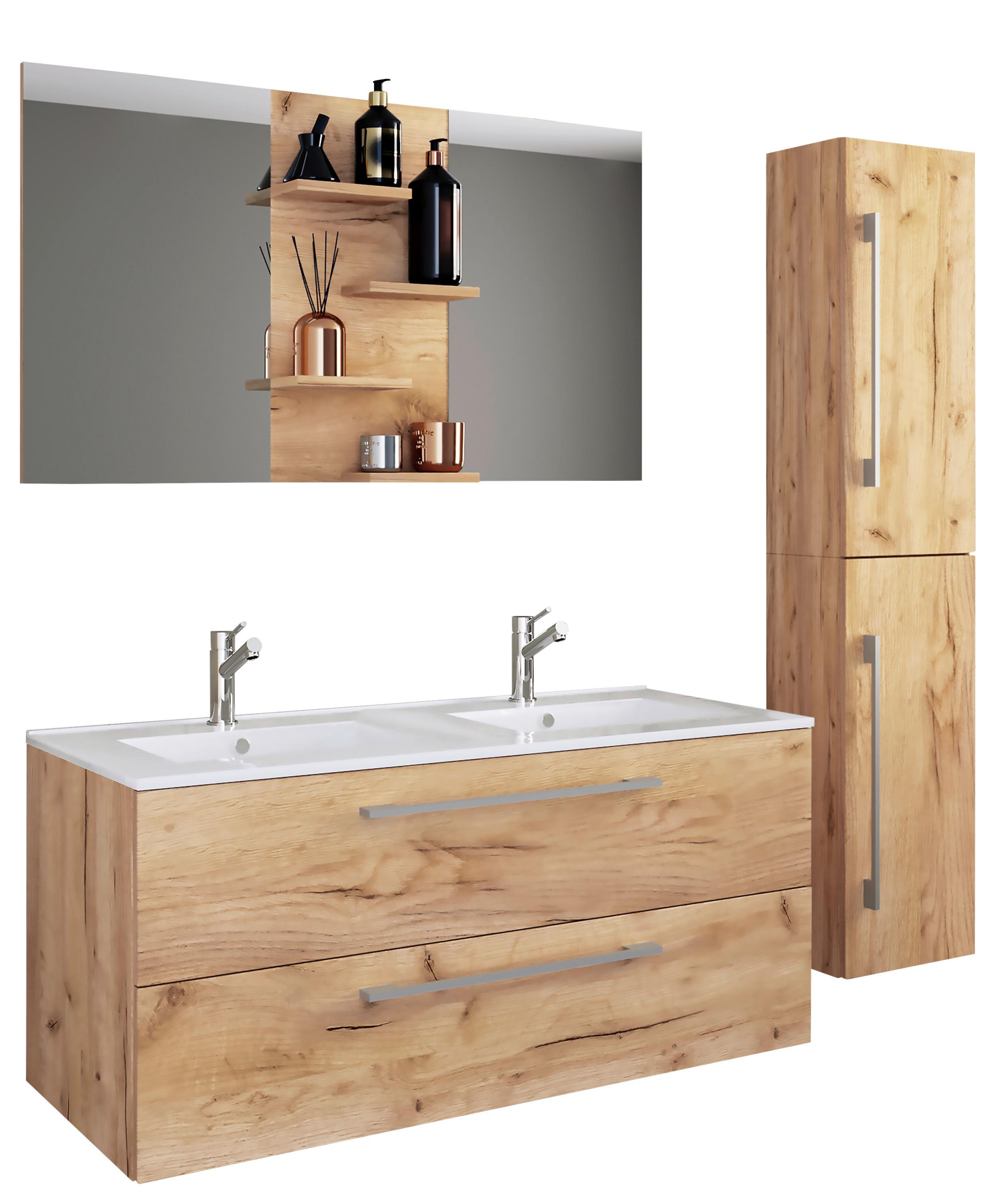 Bademöbel-Set 4--Teilig. Budasi B: 112 cm Weiß/Eiche Dekor