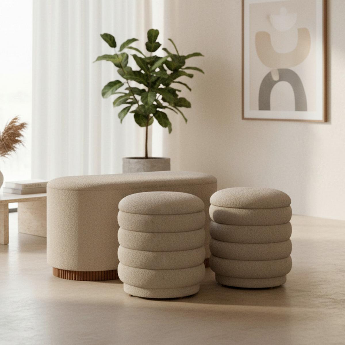 Lavice NINA s úl.prostorem, s 2 taburety, béžové buklé - přírodní barvy/béžová, Moderní, dřevo/kompozitní dřevo - Bessagi Home