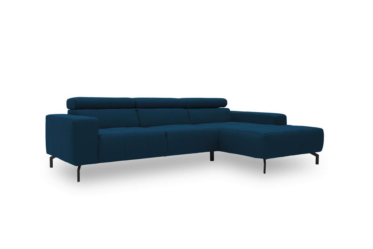 Ecksofa mit dunkelblauem Webstoffbezug und Longchair auf der rechten Seite