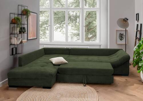 Rohová sedačka ALVITO, levá, tmavě zelený manšestr - černá/tmavě zelená, Design, dřevo/textil (202/298cm) - MID.YOU