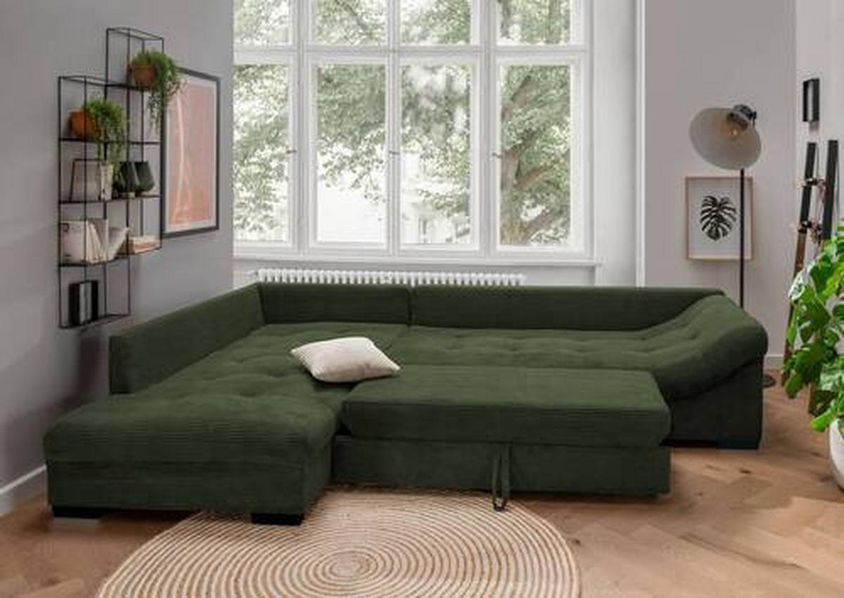 Rohová sedačka ALVITO, levá, tmavě zelený manšestr - černá/tmavě zelená, Design, dřevo/textil (202/298cm) - MID.YOU