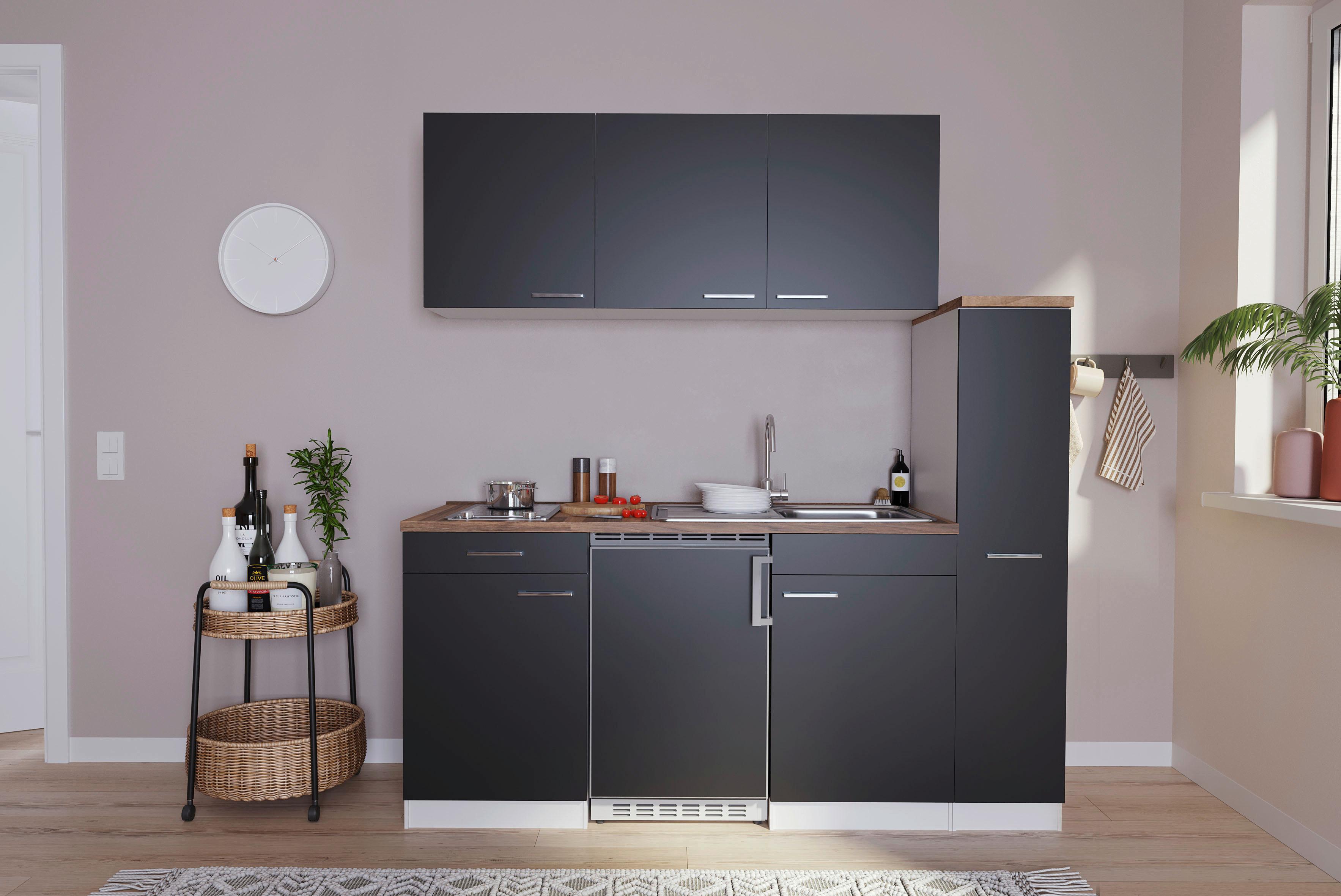 Küchenzeile Economy mit Geräten 180 cm Schwarz/Nussbaum Dekor - Nussbaumfarben/Schwarz, Basics, Holzwerkstoff (180/200/60cm) - Respekta