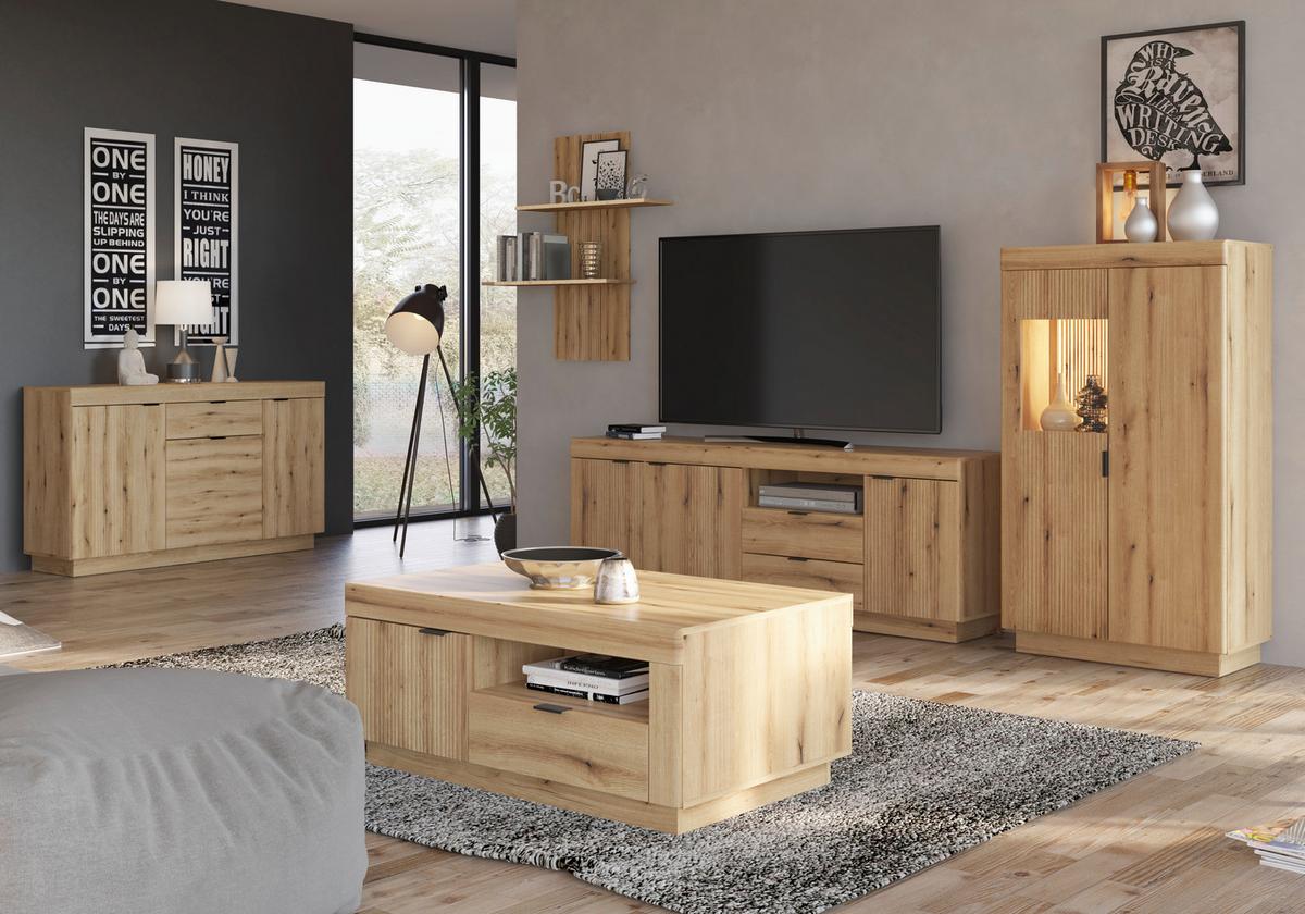 Vitrine Delamar Eichefarben Dekor B: 80,4 cm - Eichefarben/Schwarz, Trend, Glas/Holzwerkstoff (80,4/140,2/39,6cm)
