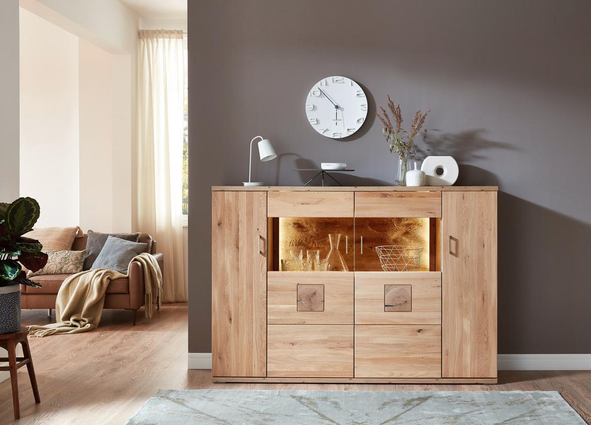 Highboard Kansas - Alteiche/Silberfarben, KONVENTIONELL, Glas/Holz (180/124,6/37,4cm) - Livetastic