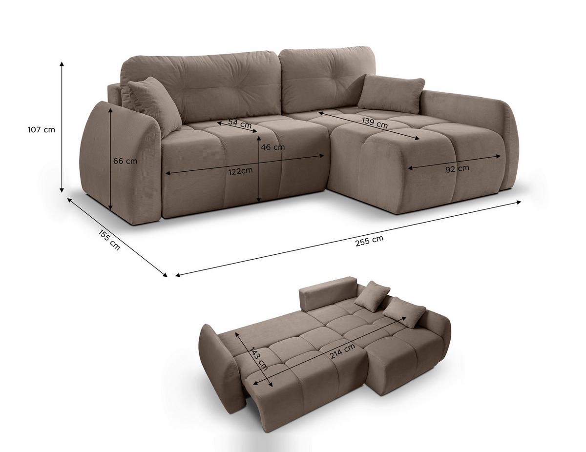 Ecksofa Sancho Long Beigebraun S: 255x155cm - Beigebraun/Schwarz, Basics, Holz/Textil (255/155cm) - MID.YOU